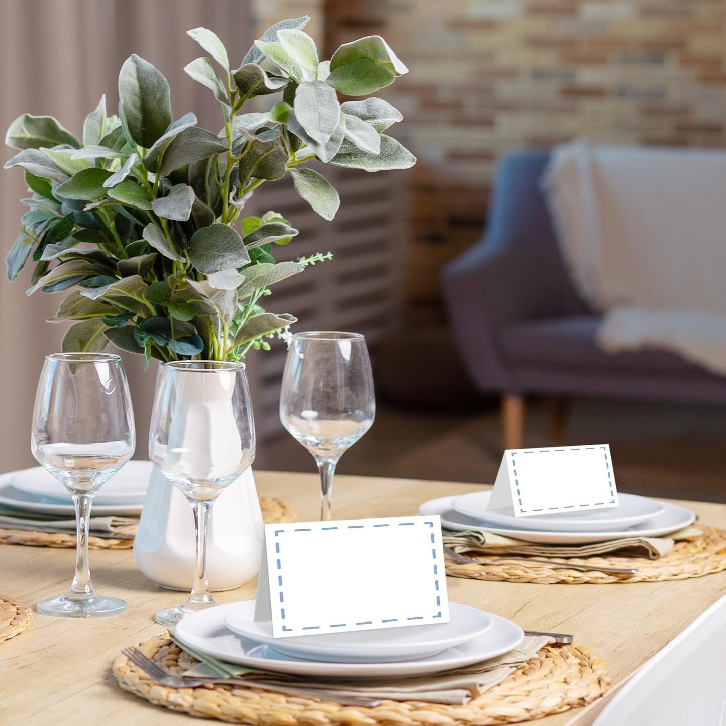 25 Pack Blue Lines Place Cards, Editable Name Cards for Table Setting, Tent Cards Food Label for Dinner Party, Bridal Shower, Wedding, Baby Shower and Events -T17