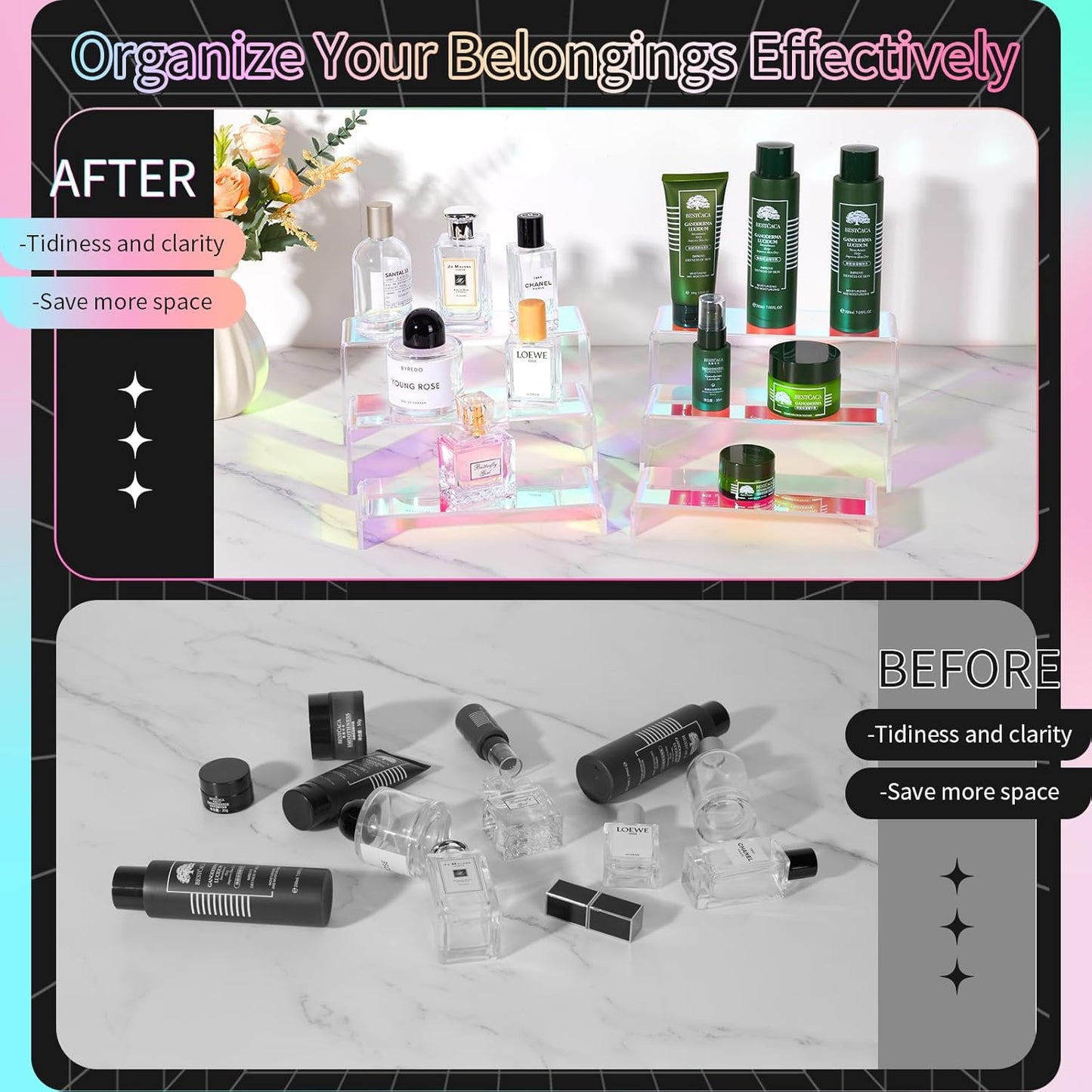 Iridescent Acrylic Display Risers, 6pcs Rainbow Display Stand Rectangular Stands Showcase Transparent Display Shelf for Dessert Cupcake Collectibles Figures Jewelry Perfume