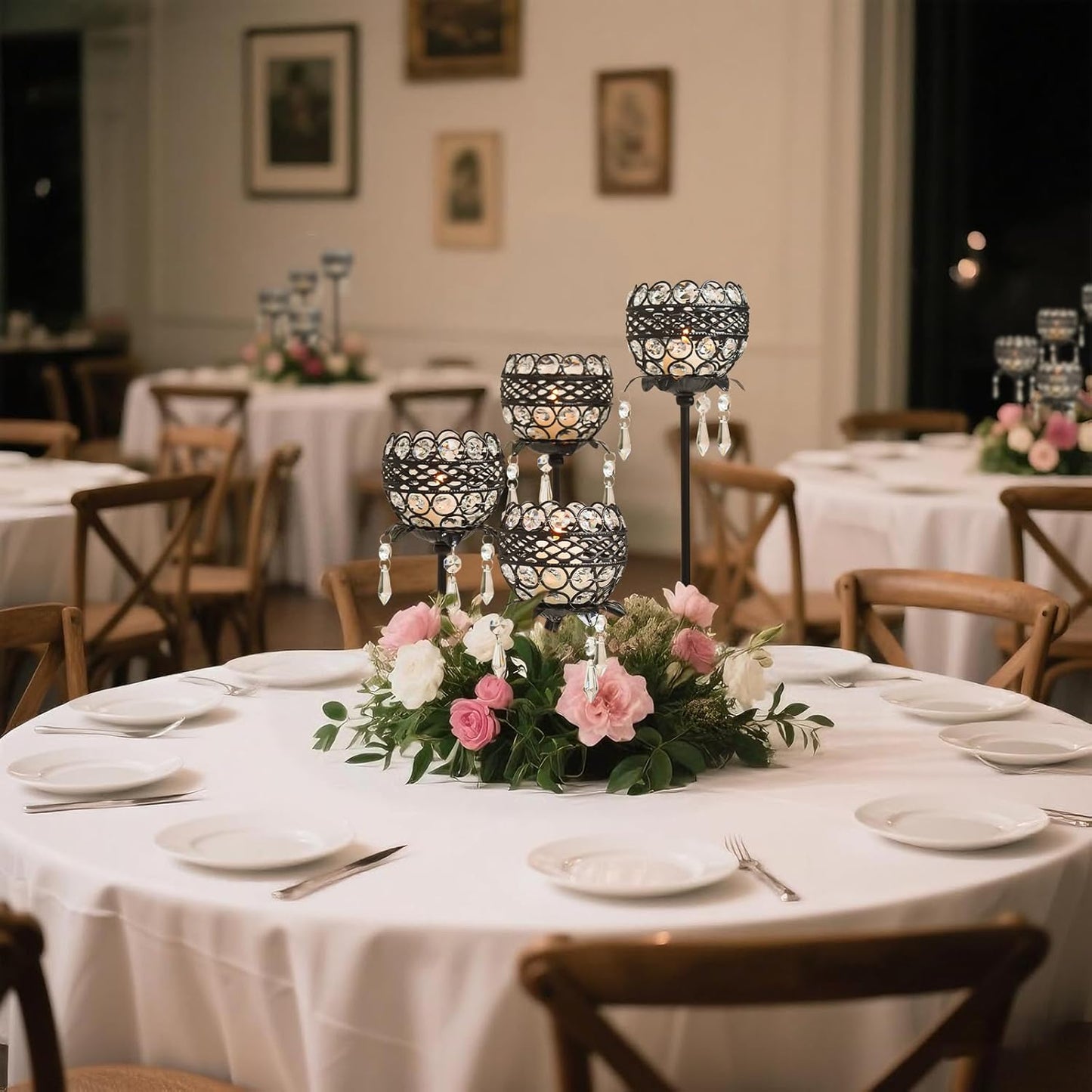 4 Arms Crystal Candelabra Tealight Holder - Tall 15.7 Inch Elegant Centerpiece with Crystal Pendant Bowls & Artistic Metal Stand for Wedding, Dining Table, Home Decor (4, Black)