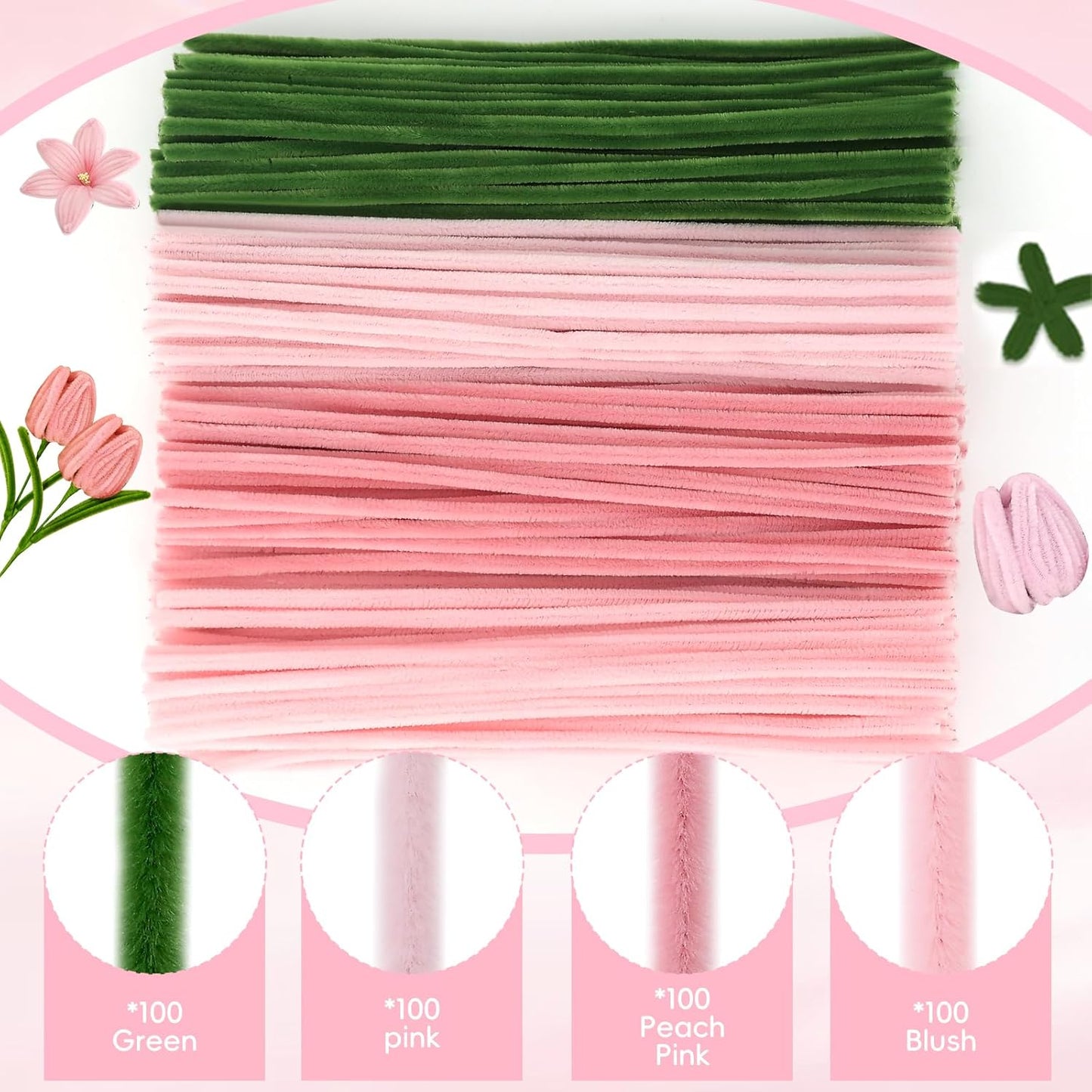 400 Pcs Soft Craft Pipe Cleaners Flowers,4 Colors Chenille Stems Bulk with Floral Wires,Tape,Greeting Card,Bouquet Paper,Hot Glue Stick,Stamen & Ribbon, Holiday Gifts for Women,Men,Teens,Elder