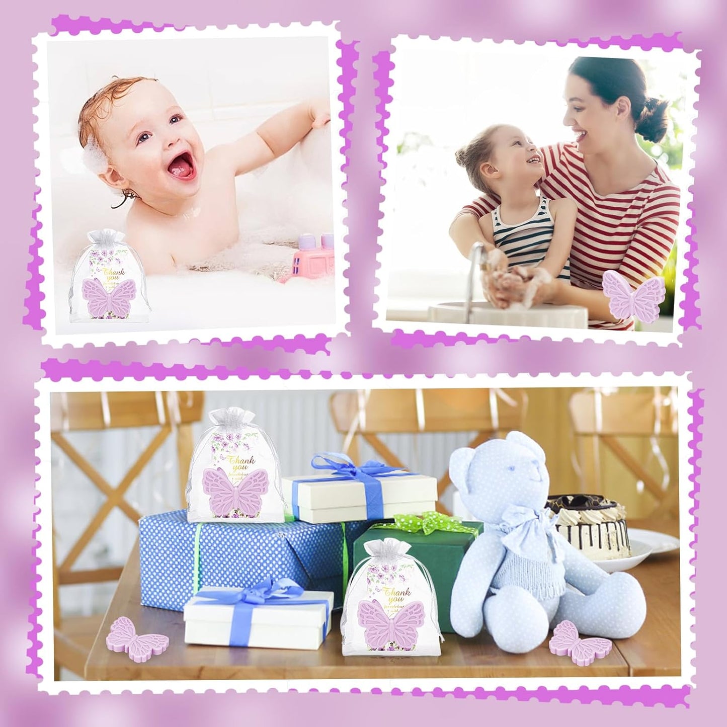 50 Sets Butterfly Baby Shower Favors for Guests Butterfly Soap Favors Handmade Scented Soap with Thank You Cards Organza Bags for Gender Reveal Baptism Decorations Wedding Bridal Gift (50, Purple)