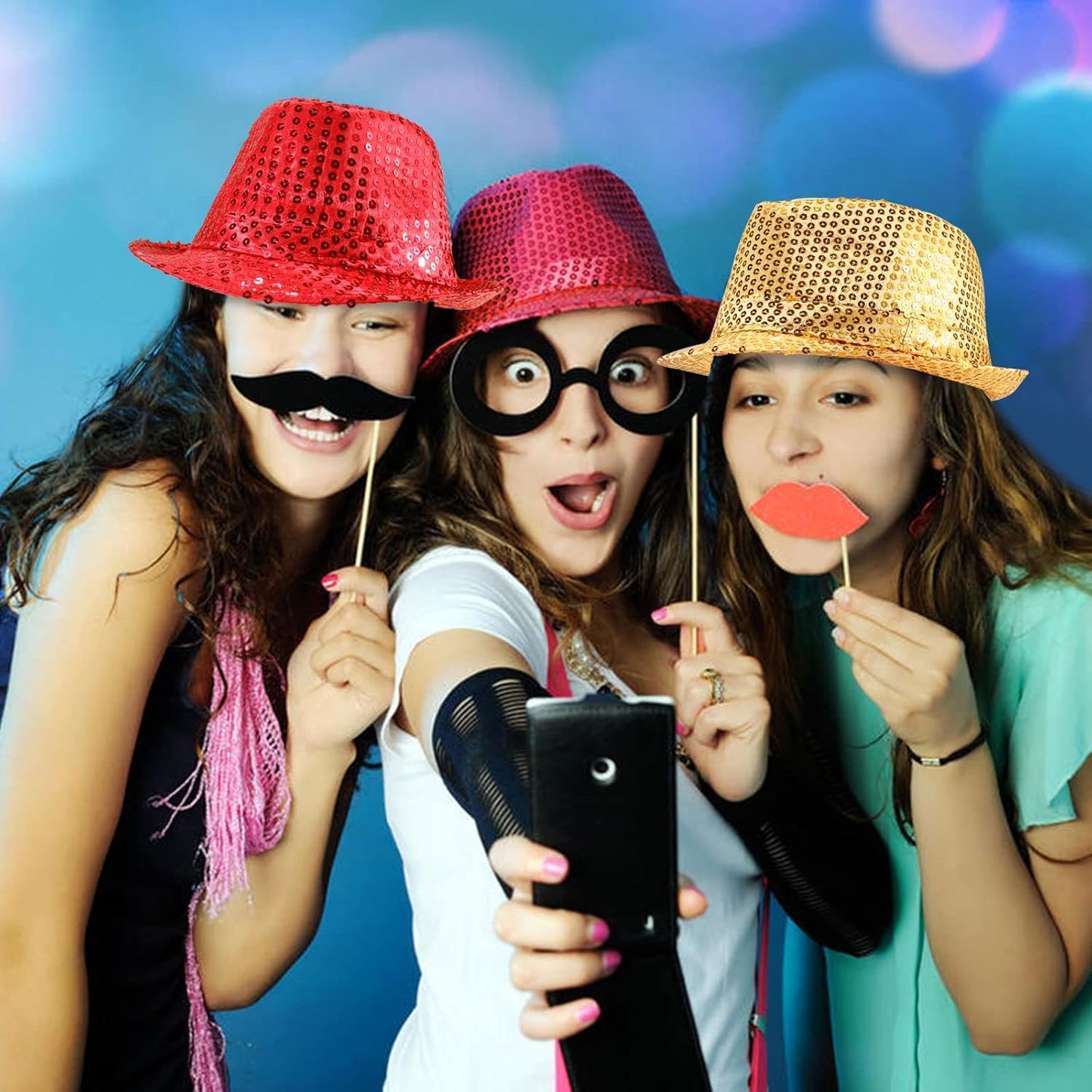 10 Pcs Unisex Sequin Fedora Hat Sequin Bow Ties Set Bling Retro Dance Jazz Cap Funky Party Costume Fedora