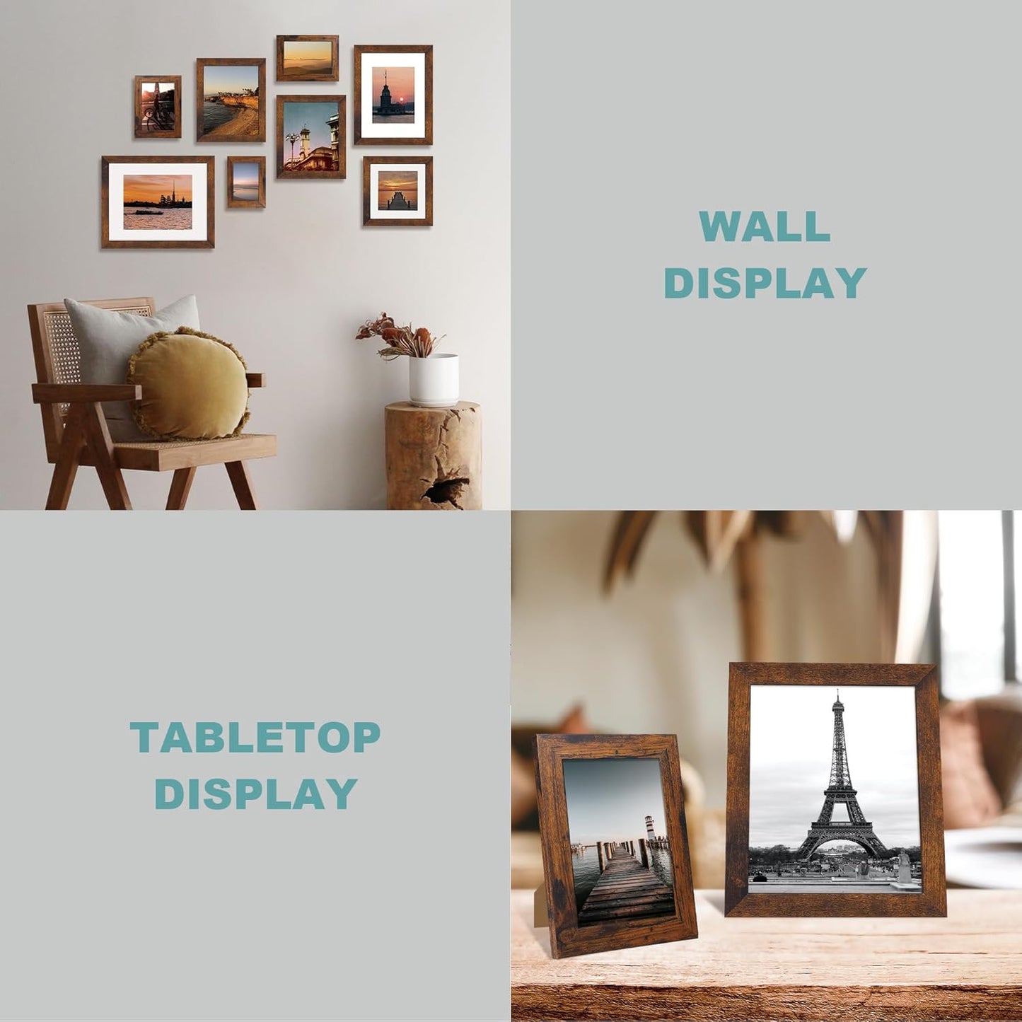 10x14 Picture Frame Set of 4 with Tempered Glass, Rustic Frame Display 8x12 Pictures with Mat or 10 x 14 Without Mat, Wooden Photo Frames for Wall Mounting