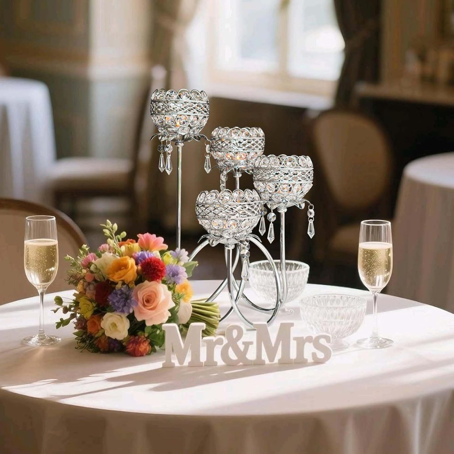 4 Arms Crystal Candelabra Tealight Holder - Tall 15.7 Inch Elegant Tabletop Centerpiece with Crystal Pendant Bowls & Artistic Metal Stand for Wedding, Dining Table, Home Decor (2, Silver)