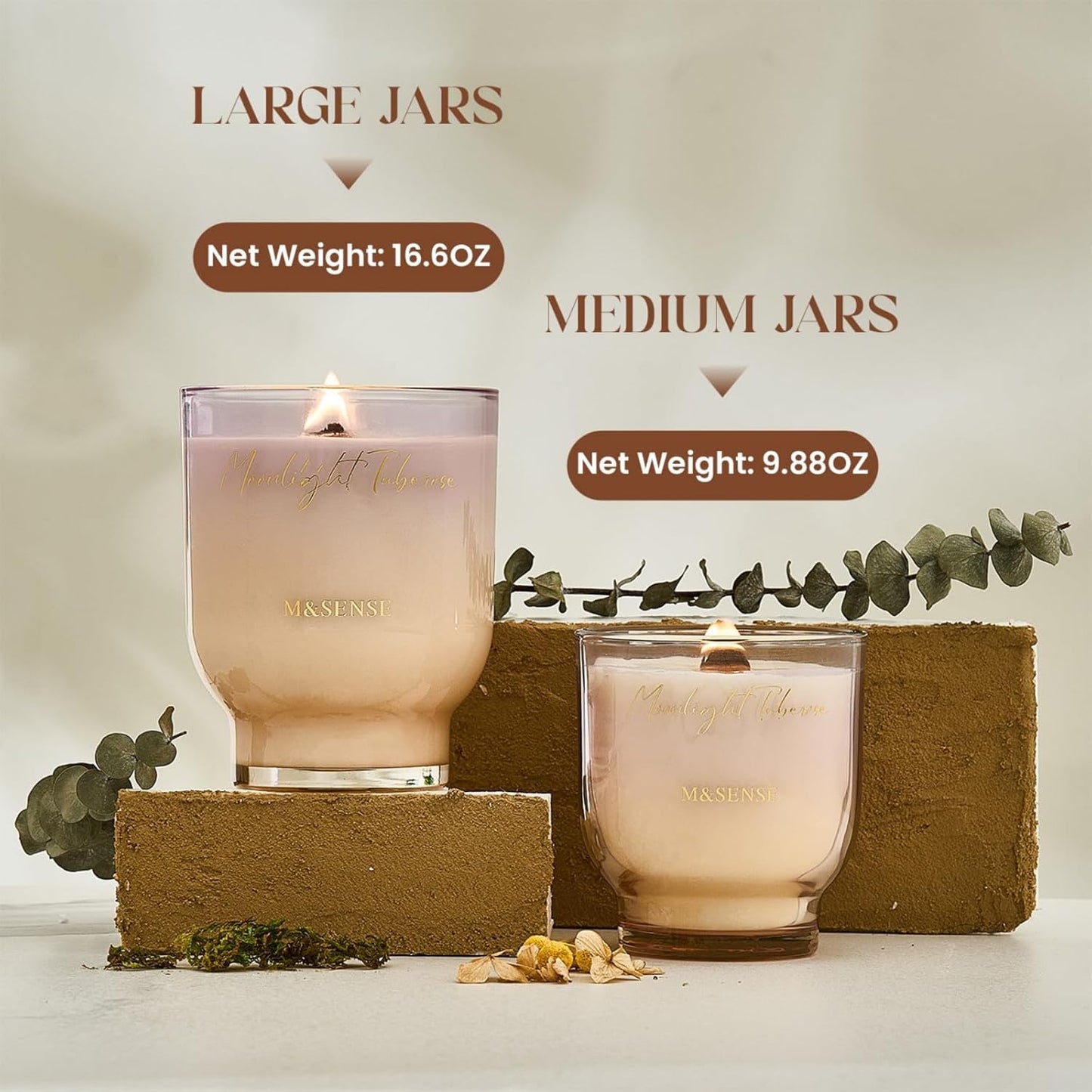 M&SENSE 16.6oz Natural Soy Large Jar Candle with Wooden Wick | Moonlight Tuberose Scent | 95-Hour Burn & Long-Lasting Burn | Housewarming Gift for Men and Women