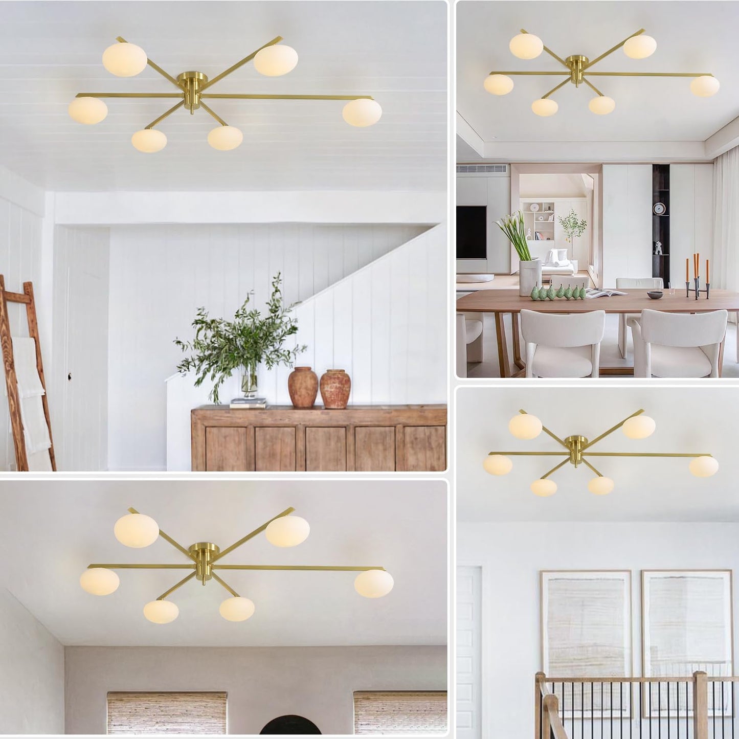 6-Lights Gold Sputnik Chandelier Modern Ceiling Light Fixtures Retro Glass Ceiling Lamp Industrial Semi Flush Mount Lights for Kitchen Living Room Dining Room MCL01-6 GD