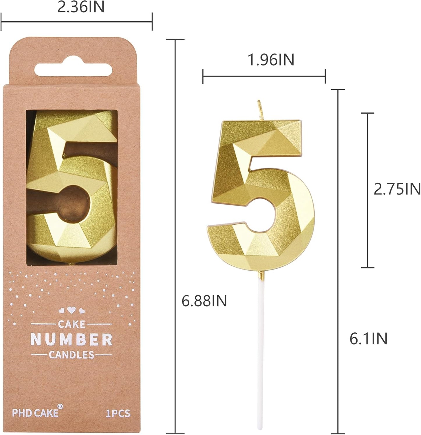 PHD CAKE 2.76 Inch Crystal Gold 5 Number Birthday Candles, Gold Cake Candles for Party Celebration