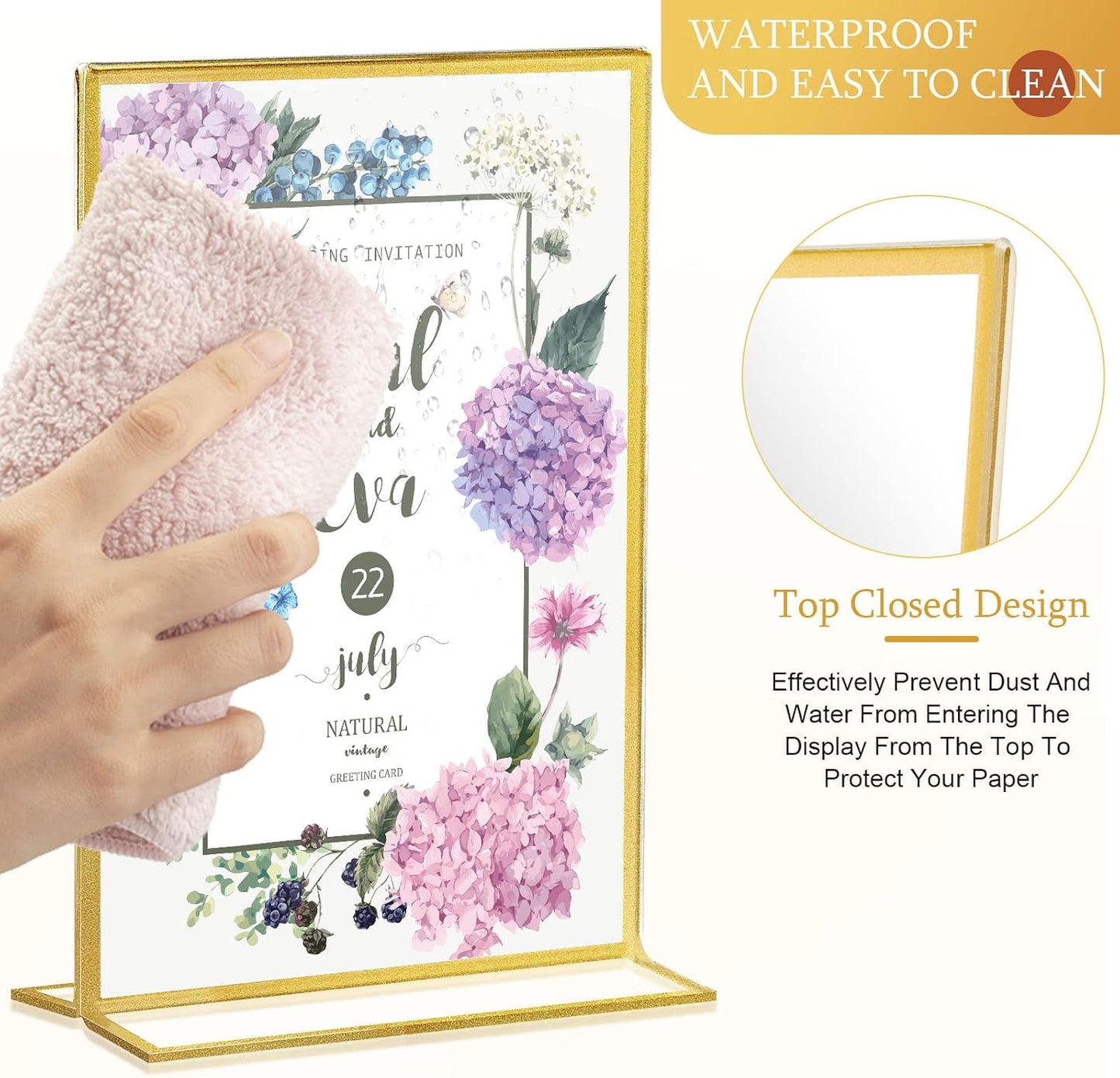 Hoteam 18 Pack Acrylic Sign Holder 4 x 6 Inch Gold Frames Wedding Table Number Holders, Double Sided Picture Frame Clear Display Menu Stand for Home Photo Flyers Wedding Party (Vertical)