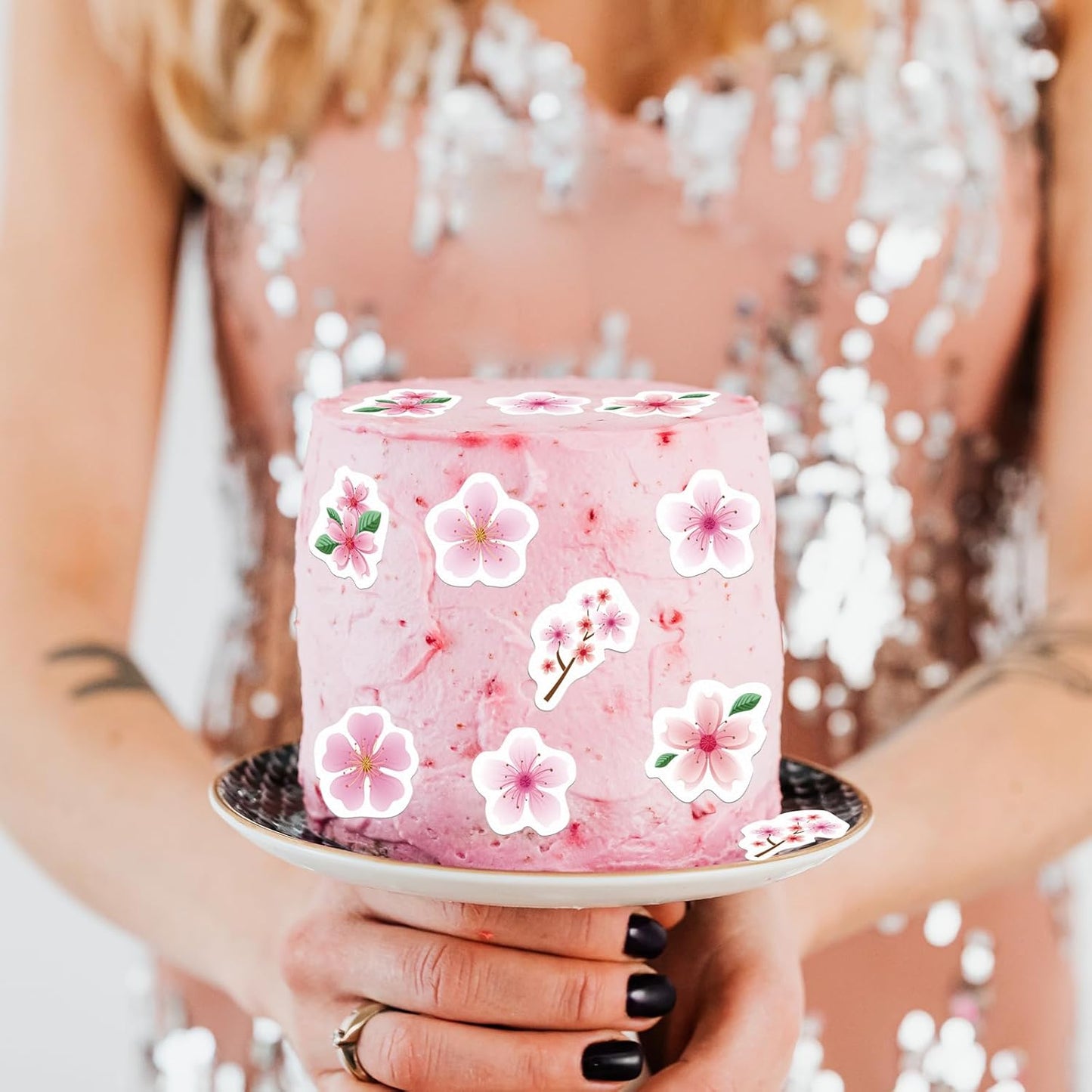 48PCS Edible Cherry Blossoms Cupcake Toppers Pink Edible Cherry Flowers Cake Decorations Wafer Paper Flowers Cupcake Topper for Flowers Theme Baby Shower Birthday Party Decor Supplies