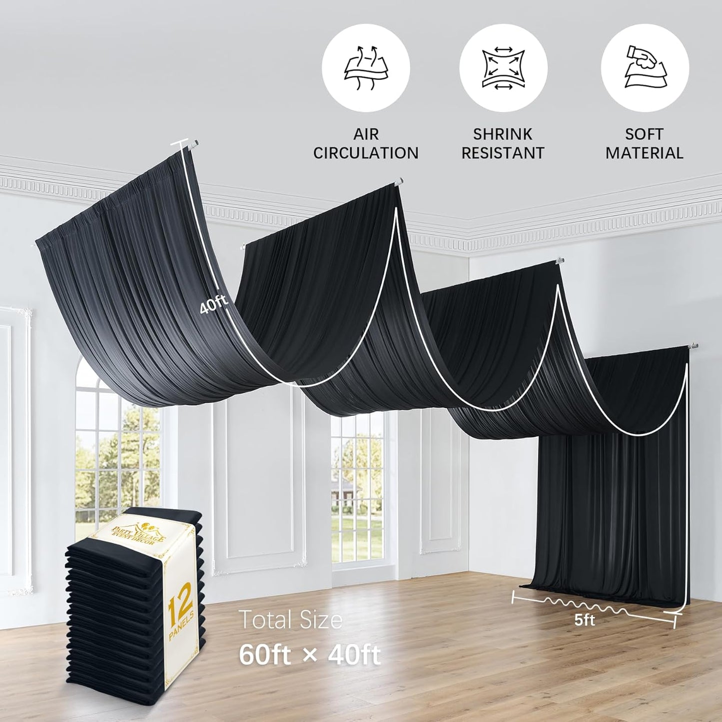 PartyVillage 60ftx40ft Black Ceiling Curtain for Halloween Parties – 12 Panels Wrinkle-Free 40 FT Long Tent Draping Curtains for Wedding, Birthday & Theme Parties, 40ft Height with Rod Pocket