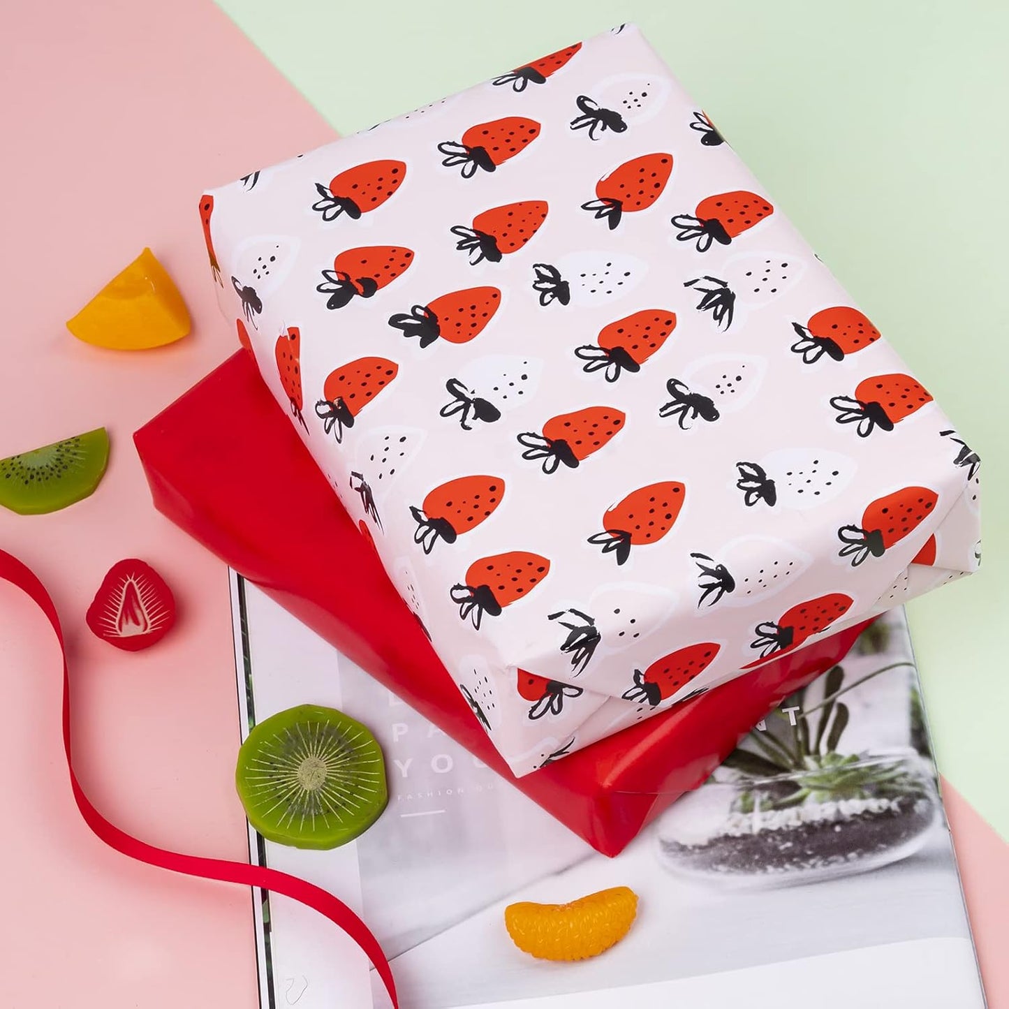 WRAPAHOLIC Reversible Strawberry Wrapping Paper - Mini Roll - 17 Inch X 33 Feet - Sweet Strawberry Design, Perfect for Birthday, Holiday, Wedding, Baby Shower