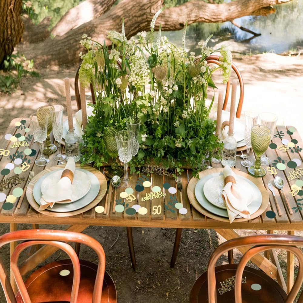 Sage Green 50th Happy Birthday Confetti, 50th Birthday Table Decorations Scatter Green Gold Foil Cake Confetti Decorations for 50 Bday Women Men Party Decor 230 Pcs