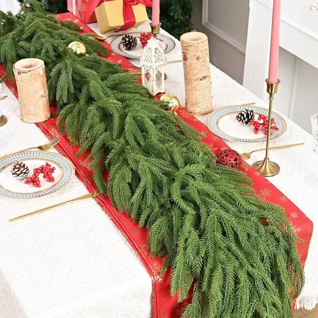 Christmas Decorations Artificial Norfolk Pine Garlands 6FT 2Pcs, Real Touch Winter Pine Garland, Green Artificial Greenery Garland for Table, Mantle, Wall, Indoor, Outdoor Decorations