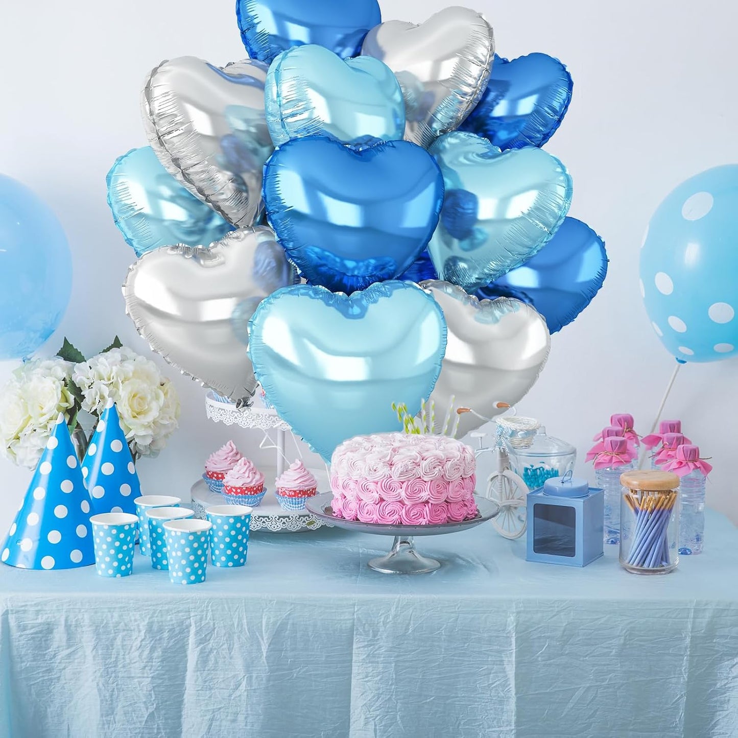 Blue Silver Heart Balloons,12Pcs Light Blue Heart Shaped Foil Balloons,18Inch Silver Helium Balloon for Baby Shower Birthday Anniversary Wedding Party Decorations