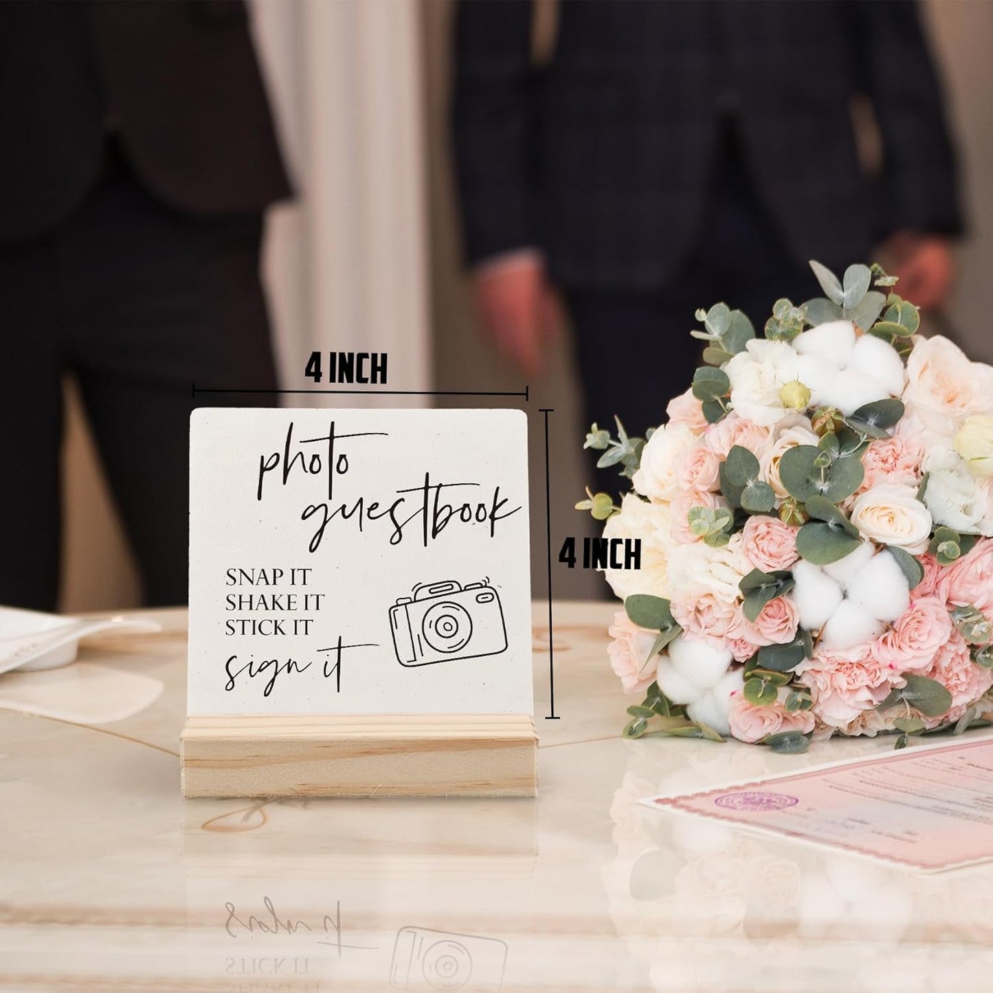 Wedding Guest Book Desk Decor 4x4 Inch, Photo Guest Book Sign Wood Plaque, WeddingGuestBook Sign, Wedding GuestBook Sign Wooden Plaque with Wood Stand for WeddingReception Table Decor