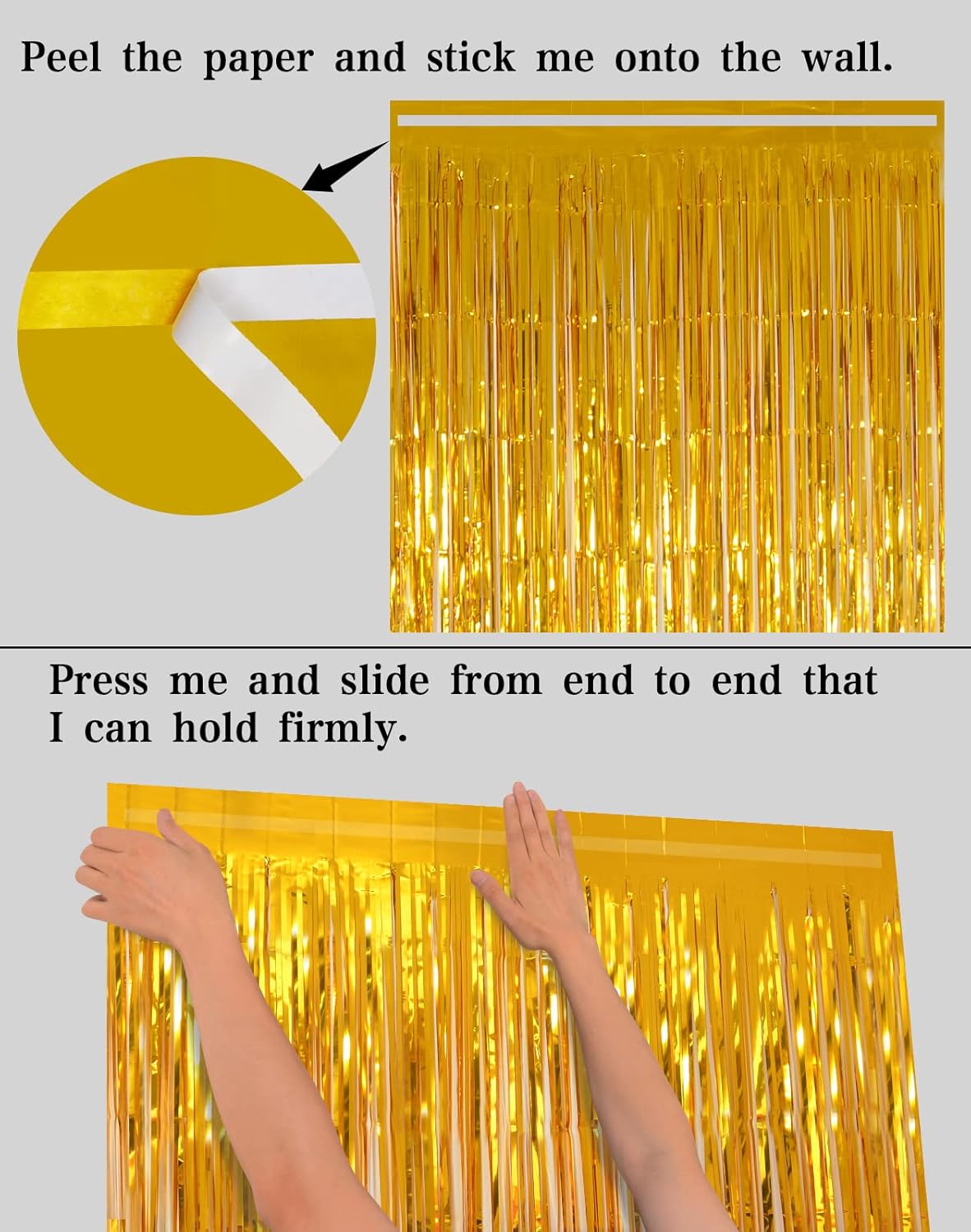 Gold Tinsel Backdrop Party Decorations, Melsan 3.2 x 8 ft Foil Fringe Curtains for Birthday, Anniversary, Graduation, New Year Eve, Pack of 2