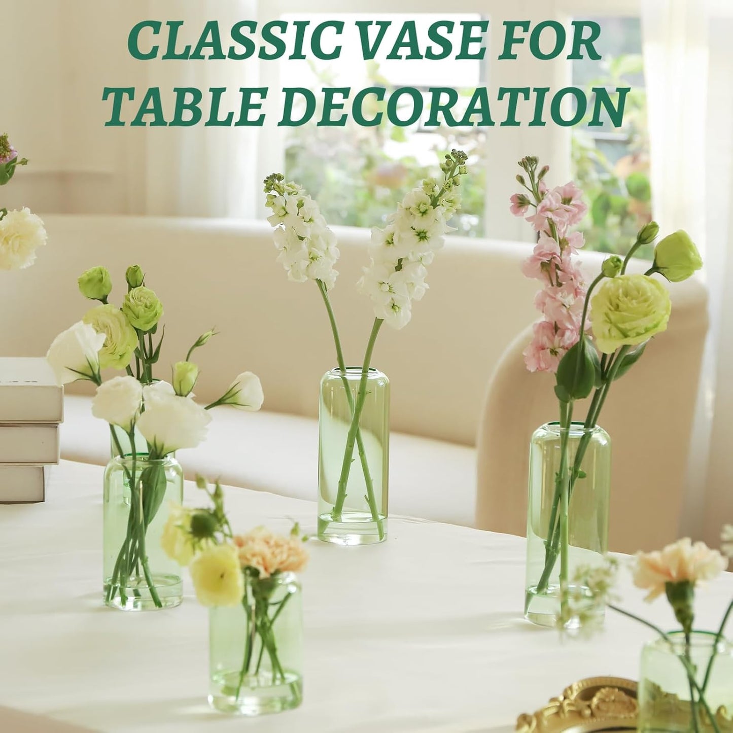 12Pcs Bud Vases Set, Glass Flower Vase for Centerpieces, Small Vases for Flowers, Decor Centerpiece for Bathroom, Decorative Vases for House Warming(Green)