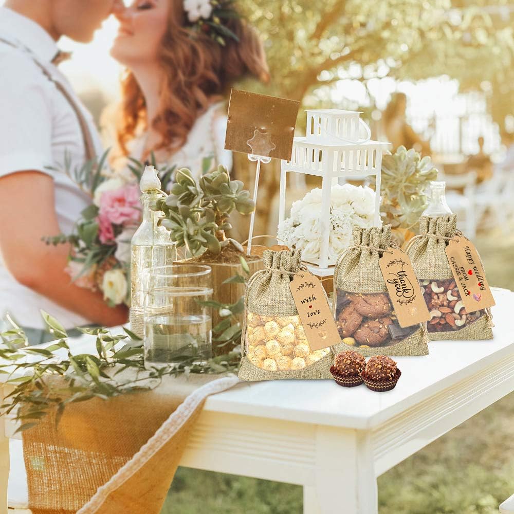 GIOIPC 50Pcs 5 x 7 Inch Linen Burlap Sheer Bags with Drawstring and Bonus Gift Tags for Wedding Birthday Bag,Craft Bags,Cosmetic Samples