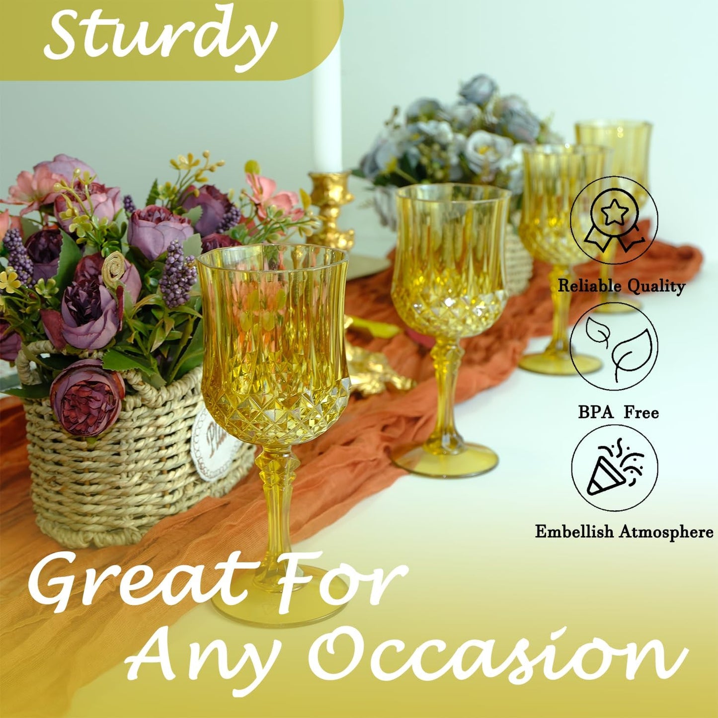 Plastic Wine Glasses,Plastic Goblets Vintage Style Cordial Drinking Glasses for Wedding Reception, Grand Event Party Supplies (24, Gold)