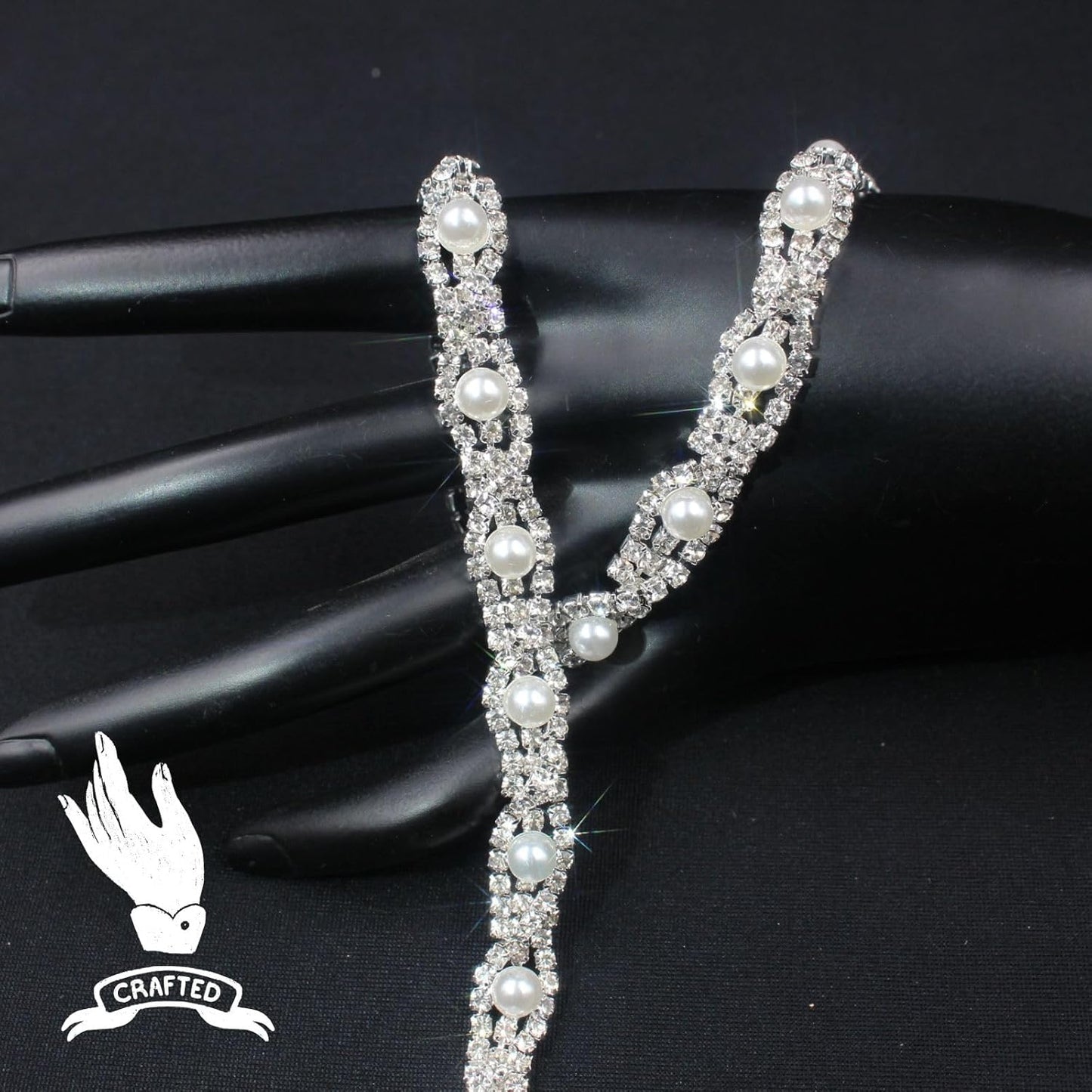 PEARLY JUN 1 Yard Pearl Rhinestone Trim Chain Silver Crystal Fringe Diamond Applique Ribbon String Tassel Strip for Sewing Wedding Dress Crafting Crafts Flower Embellishments