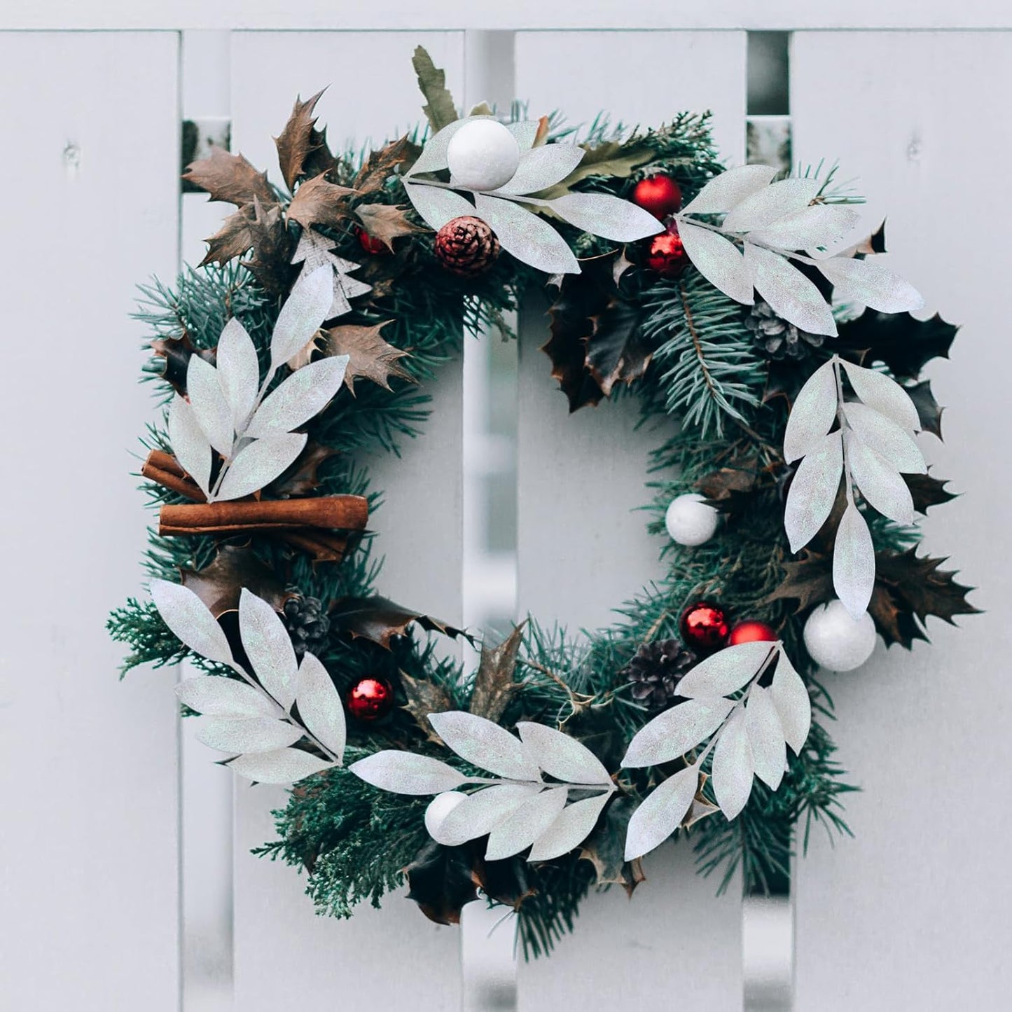 GREENTIME 12 Pack Artificial White Glitter Leaves 13" Fake Christmas Picks Decorative Glitter Sticks for Vase Christmas Tree DIY Wreath Crafts Fireplace Decor