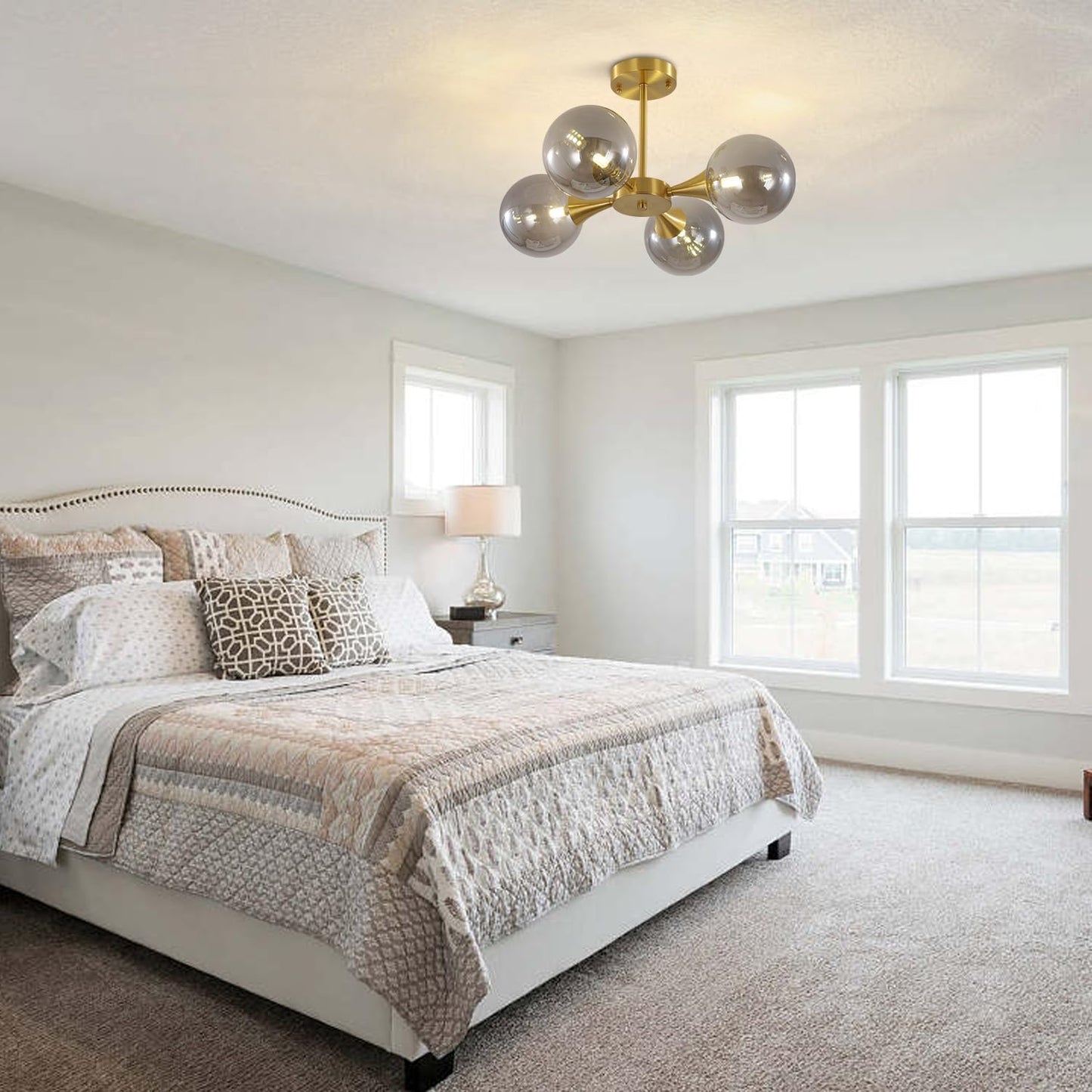 KCO Lighting 4-Lights Modern Gold Globe Semi Flush Mount Ceiling Light Mid Century Brushed Brass Schoolhouse Close to Ceiling Light Smoke Gray Glass Chandelier Lighting for Bedroom