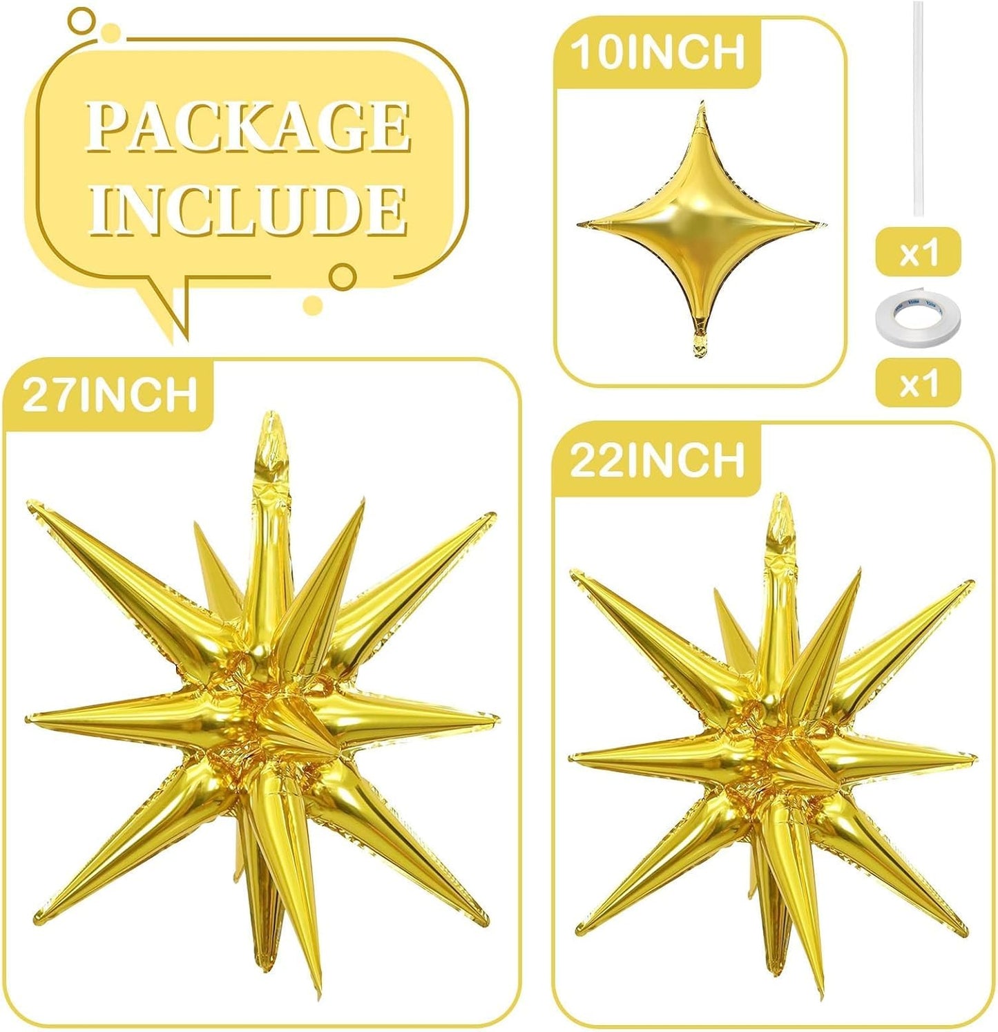 Gold Star Balloons 12pcs, 27/22 Inch Foil Star Explosion Balloons, Large Spike Mylar Cone Balloon, Fireworks Shape Balloon Party Decor for Anniversary New Year Graduation Birthday