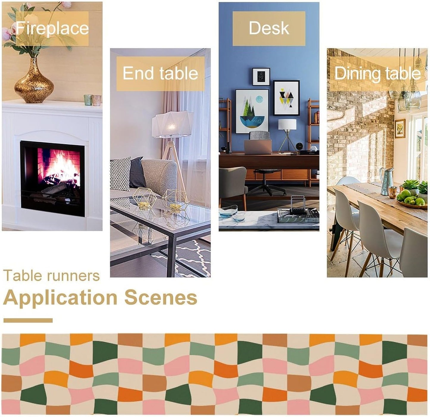 Hippie Table Runner, Vintage Geometric Square Orange Green Pink Grid 60s 70s Style Kitchen Dining Room Decor for Indoor Outdoor Wedding Party Table Runner 13x60 Inch