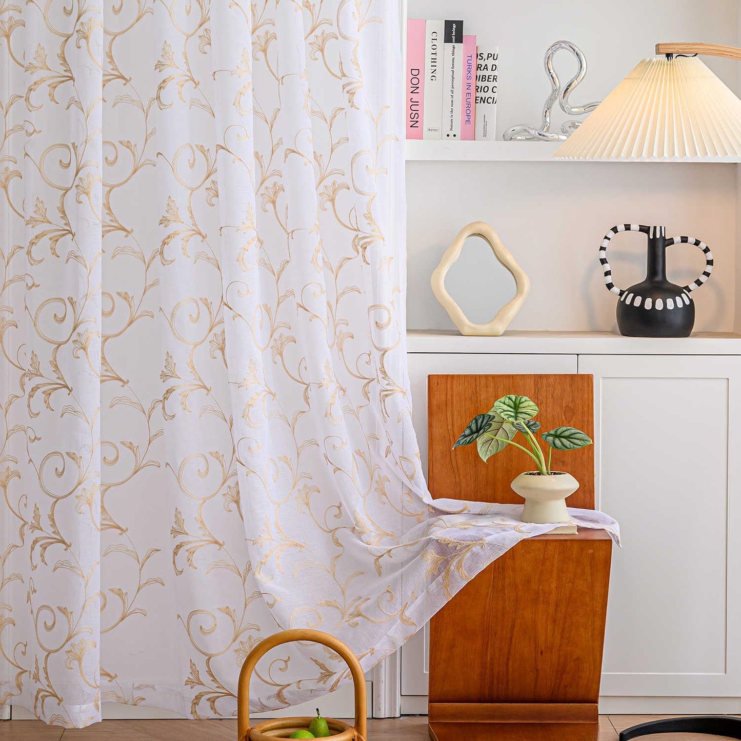 Sheer Curtains White-Beige 95 Inch Length, Boho Farmhouse Curtains for Bedroom Rod Pocket Vintage Farmhouse Drapes with Scroll Floral Patterned for Living Room, 84 Inch Curtains 2 Panel set, 52"x 95".