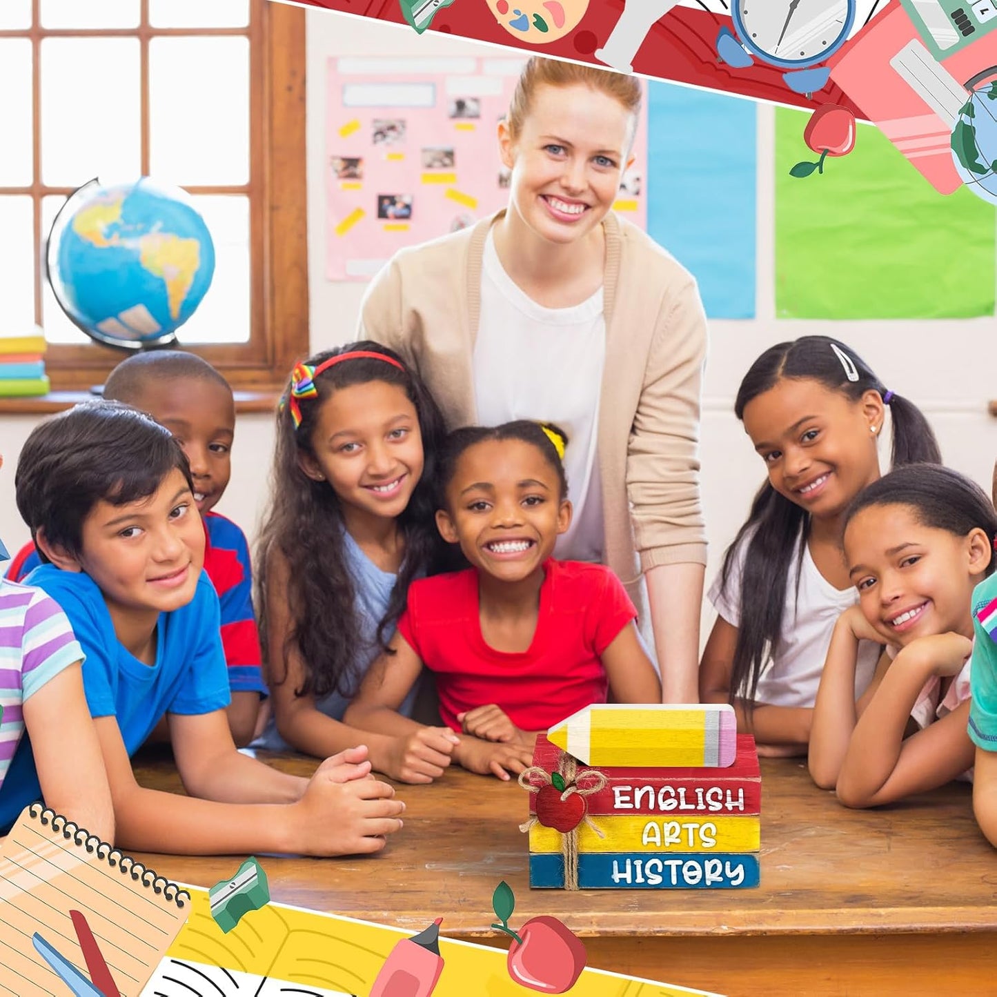 4 Pcs Back to School Table Decorations First Day of School Tiered Tray Decorations Decorative Mini Wooden Books Subject Signs for Office Shelf Classroom Tabletop Bookshelf(Pencil)