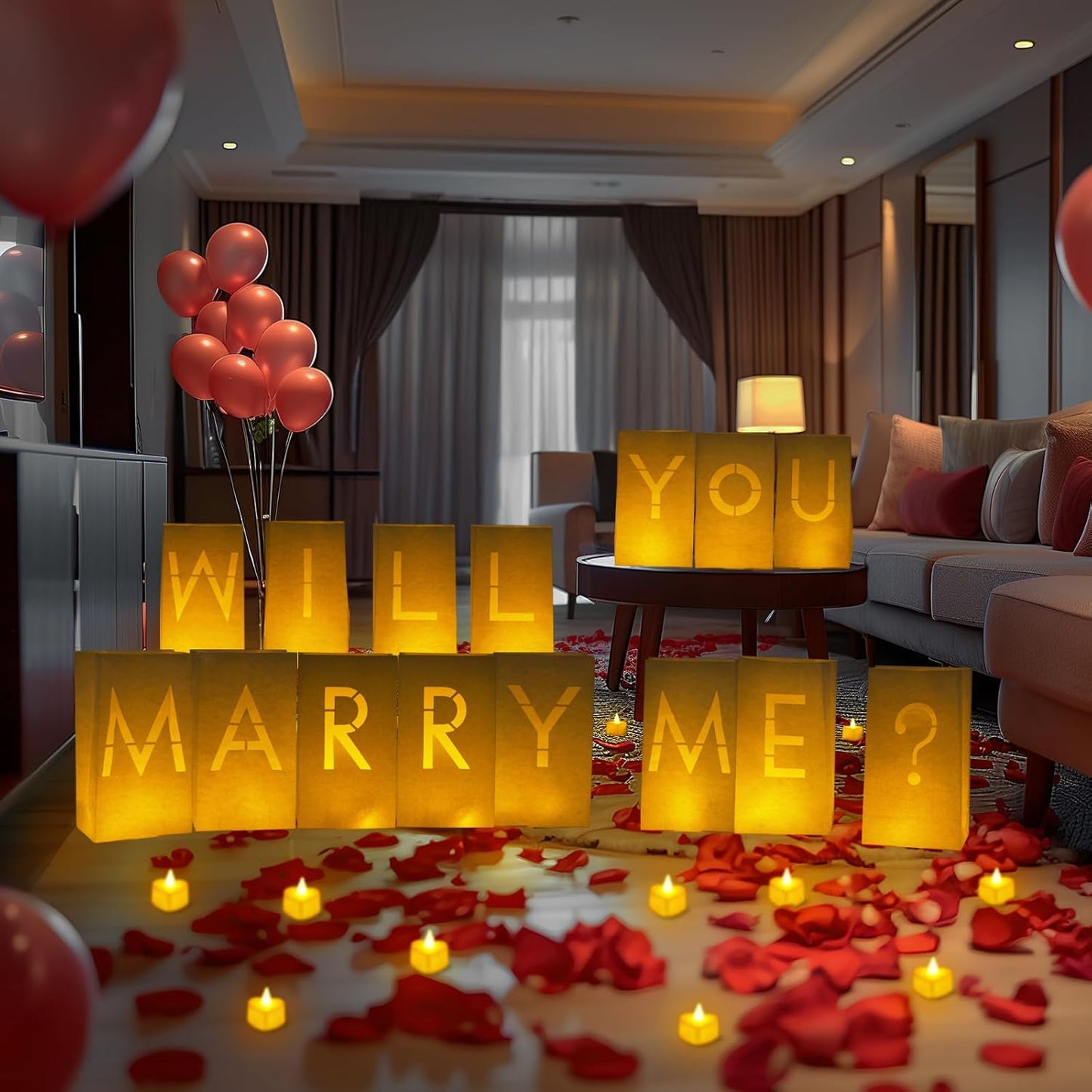 Homemory Will You Marry Me Light Up Letters Proposal Decorations with Flameless Candles and Fake Rose Petals, Valentine's Day Luminary Bags Decorations for Wedding Engagement