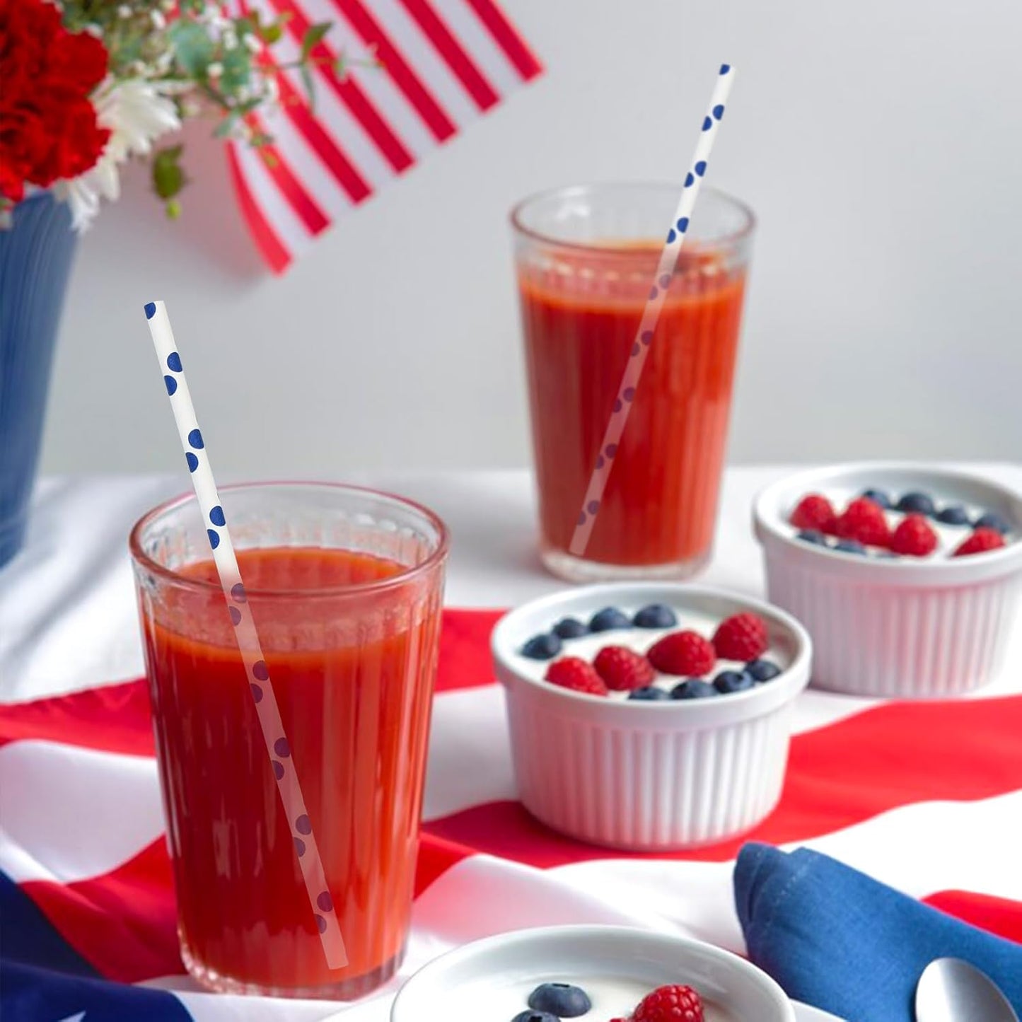 100 Counts Blue Polka Dots Paper Disposable Drinking Straws 7.75 inch, 0.24" Dia. - for Cocktail, Juice, Bar, Restaurant