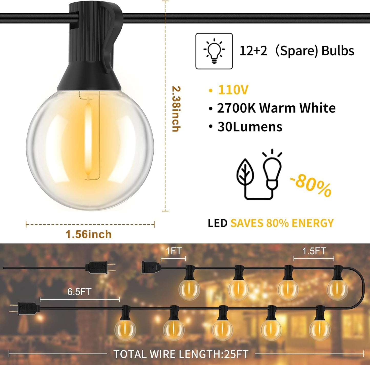 Outdoor String Lights, LED Patio Hanging Lights with Waterproof G40 Globe Plastic Bulbs for Outside Backyard Porch Garden Cafe Decor (25ft - 14 LED Bulbs)