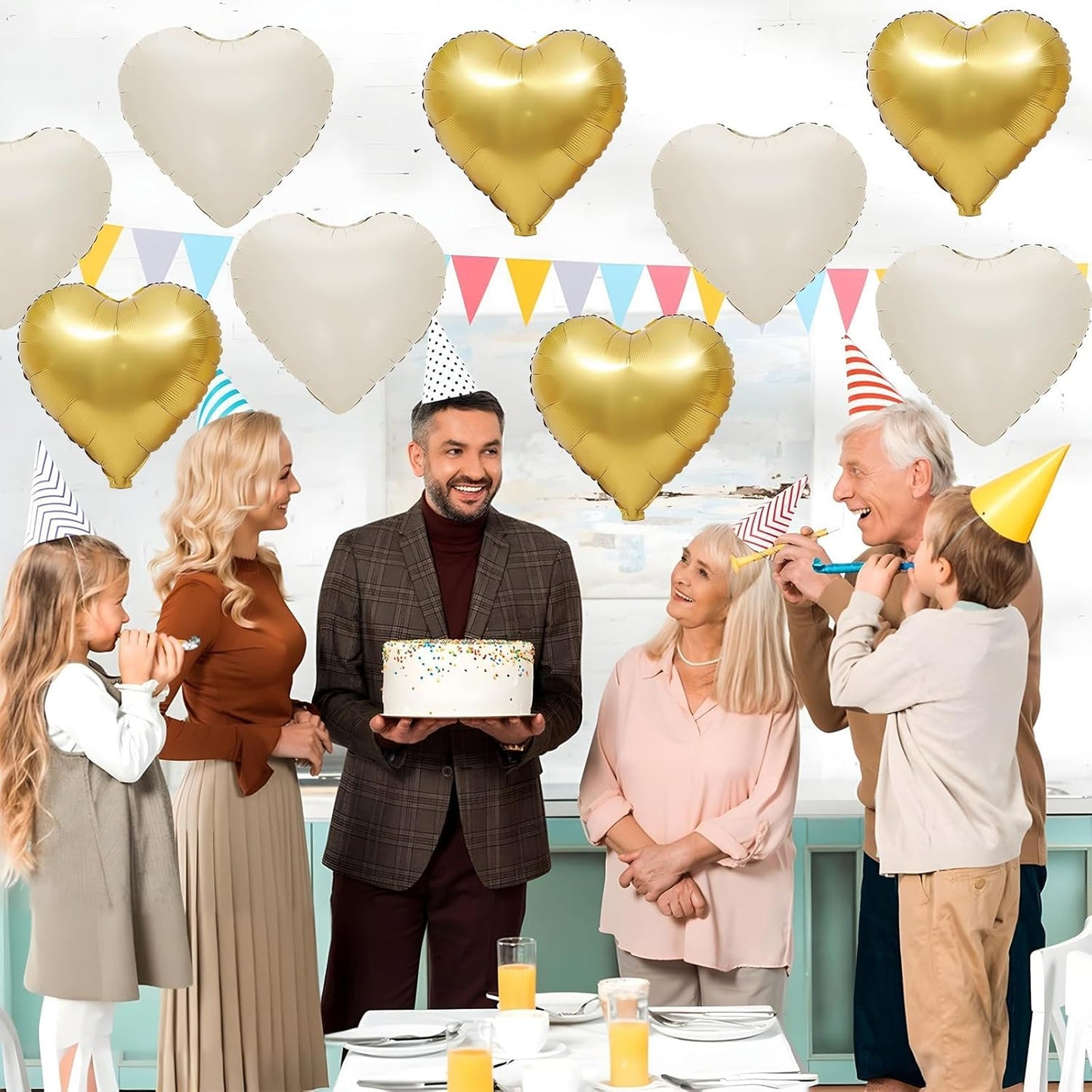 Sand White Gold Heart Balloons,12Pcs 18Inch Cream White Metallic Gold Heart Shaped Foil Helium Foil Balloons for Baby Shower Birthday Anniversary Wedding Engagement Party Decorations