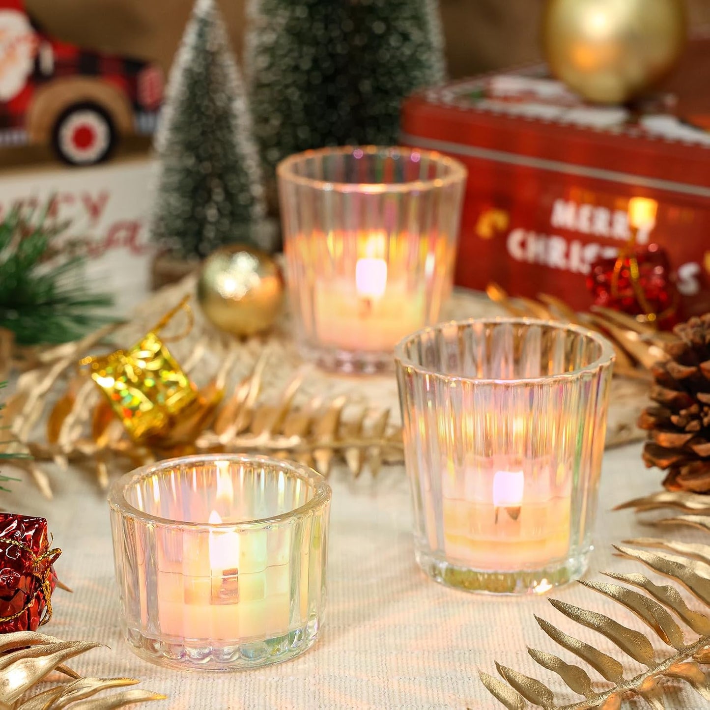 24 Pcs Ribbed Iridescent Votive Candle Holders - Glass TeaLight Candle Holders for Weddings, Baby Showers, Home Décor, Party Centerpieces, and Table Decorations