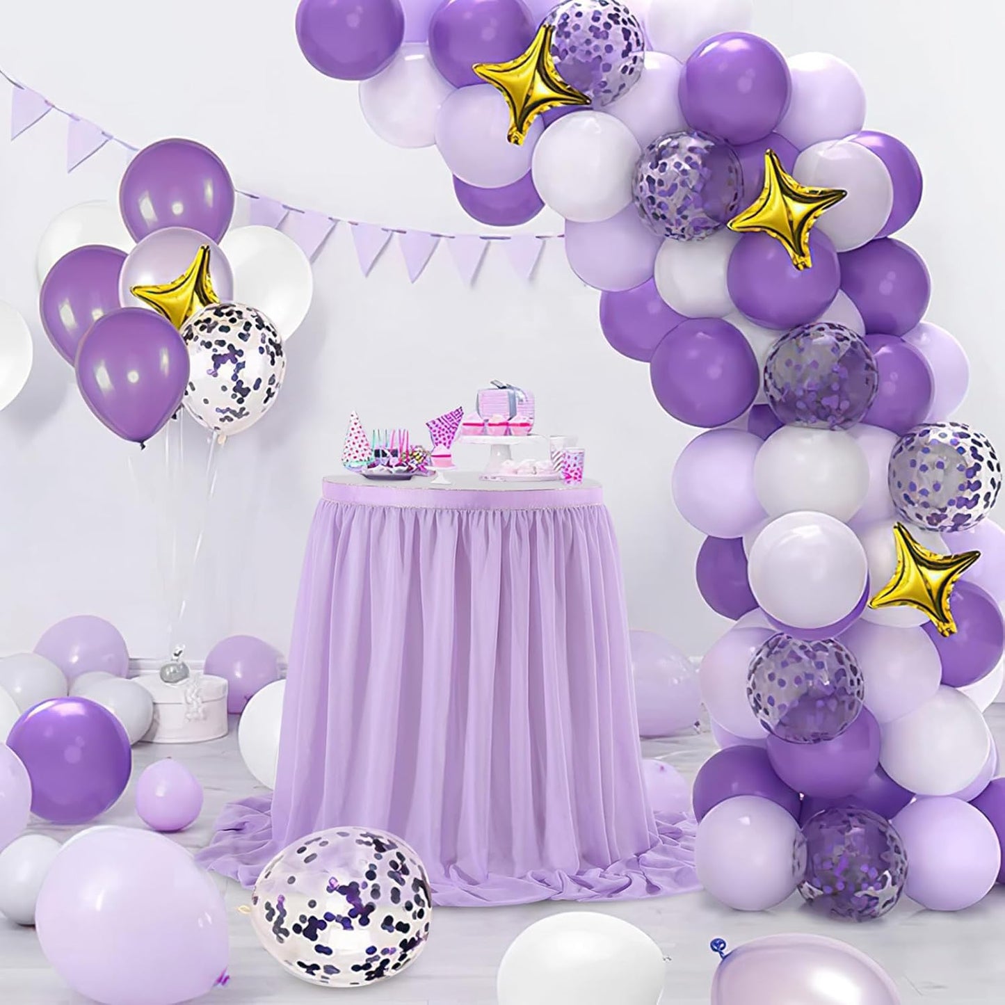 QueenDream Lavender Chiffon Table Skirt 6ft for Rectangle Tables Purple Mermaid Table Skirting for Wedding Birthday Butterfly Party Baby Shower