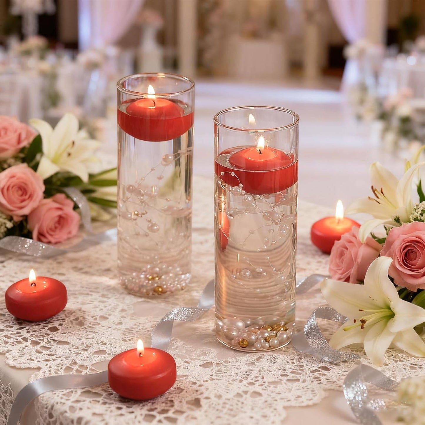 2 inch Red Floating Candles, 36 Pack Unscented Floating Candles for Centerpieces,5-6 Hours Water Activated Candle Bulk for Cylinder Vases Wedding Pool Bathtub