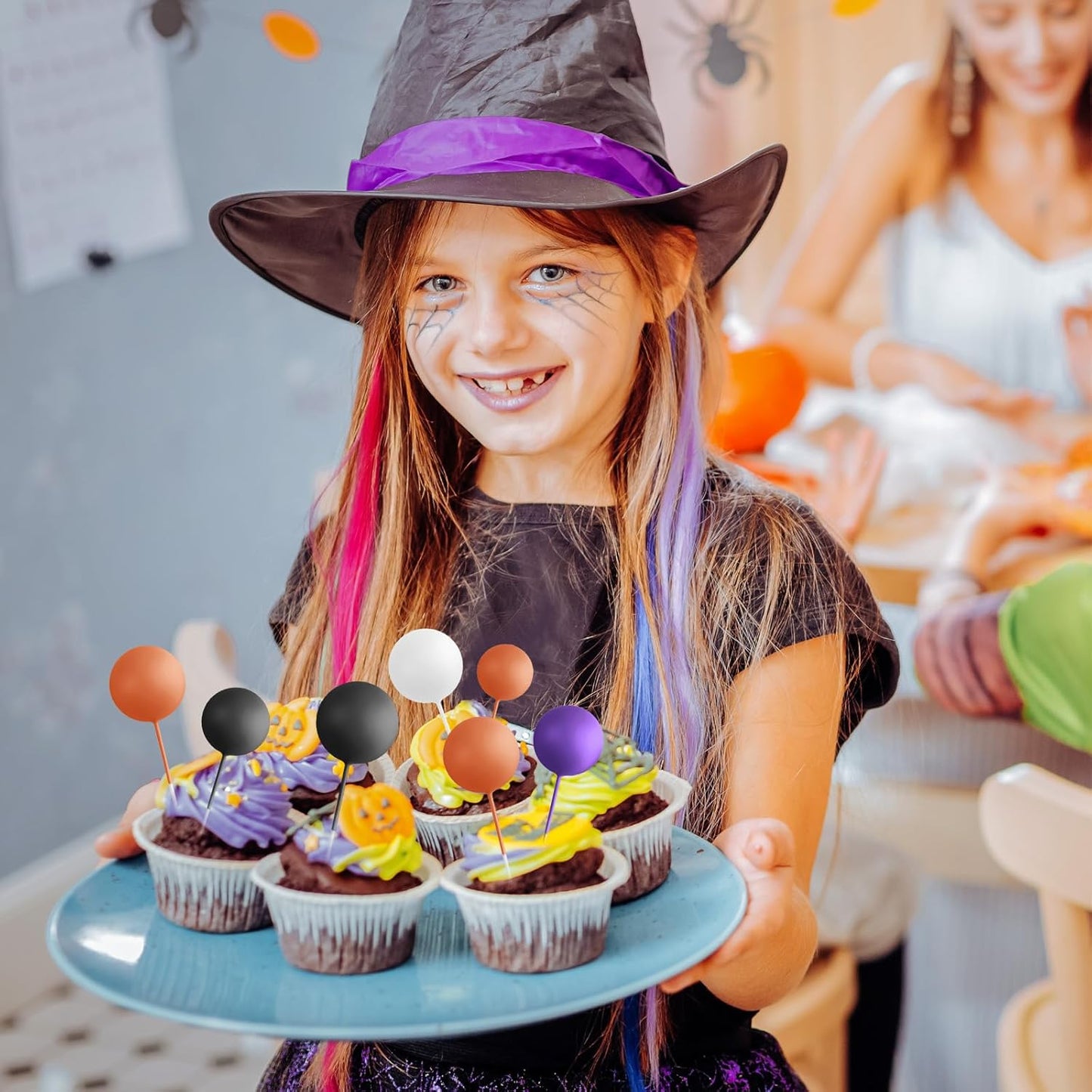 ASTARON 32 Pcs Ball Cake Topper Halloween Decorations Mini Balloons Sticks Foam Balls Birthday Cake Topper Picks Cake Decorations for Halloween Supplies (Orange,Black,Purple)