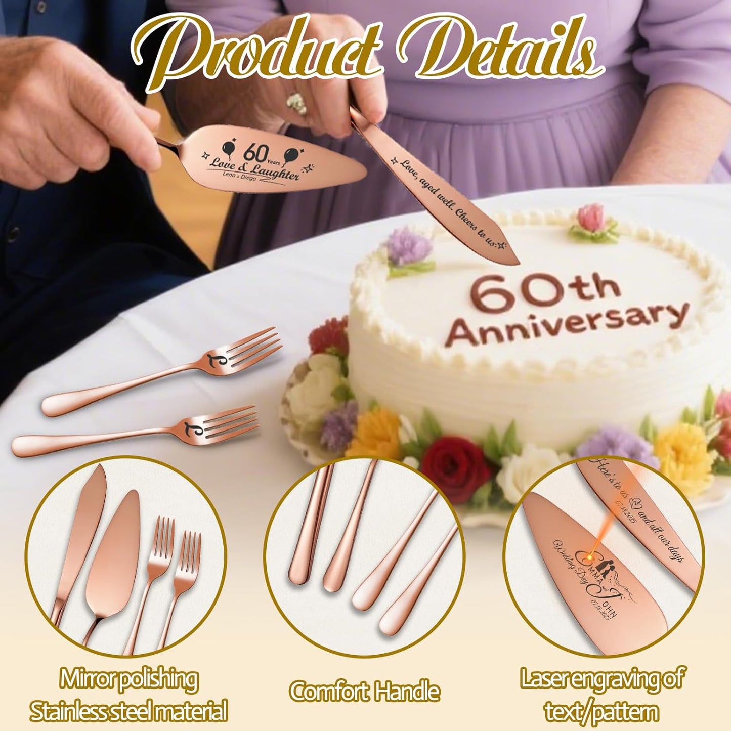 Personalized 4 Piece Wedding Cake Cutting Set, Custom Names Cake Knife and Server set with Forks, Anniversary Birthday Bridal Wedding Registry Gifts (Rose gold)