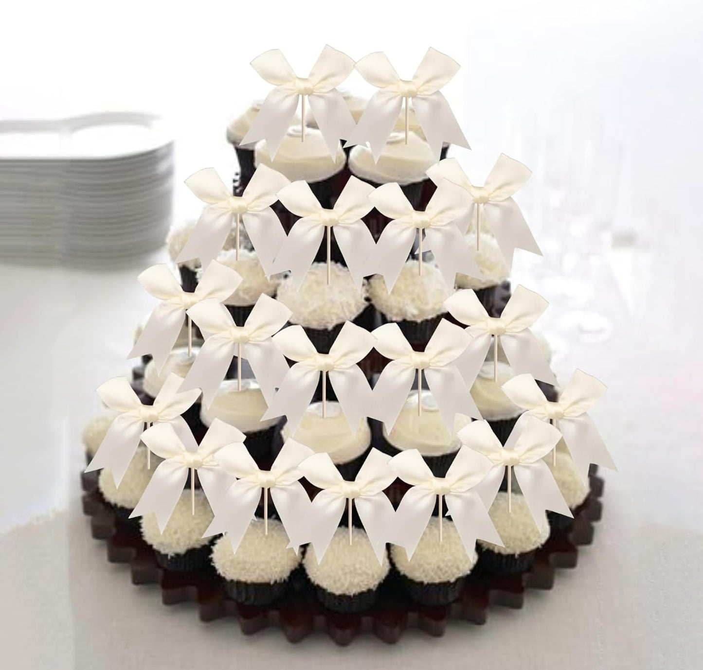 24 PCS Bow Cupcake Toppers Bowknot Coquette Bow Girls Birthday Cake Decorations Bow Cake Toppers Bowknot Cupcake Picks for Baby Shower Birthday Wedding Bridal Engagement Party Supplies Beige