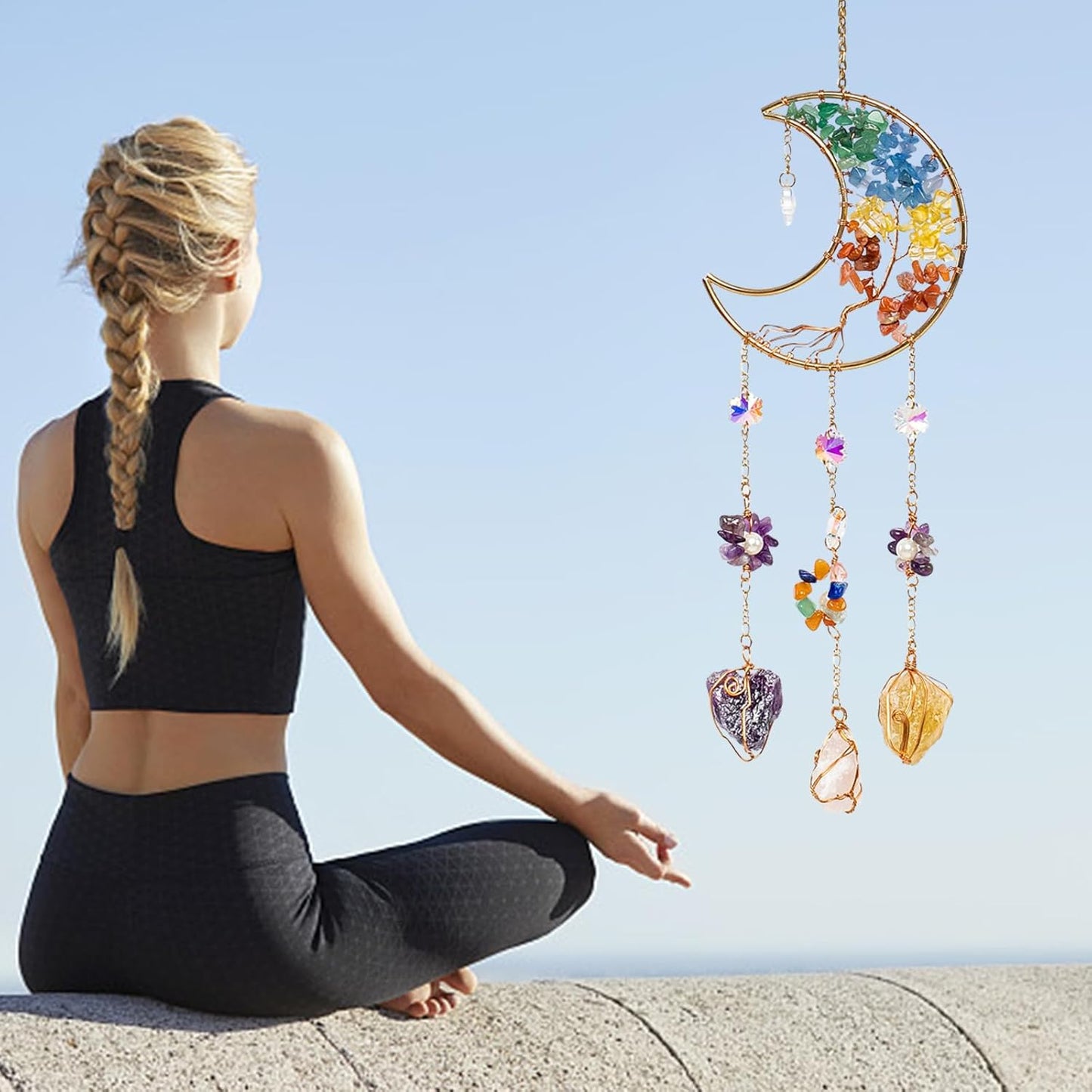 TUOKING Colorful Crystal Moon Suncatchers for Window Hanging Tree of Life Natural Healing Stones Wind Chimes Sun Catcher Rainbow Maker Good Luck Gifts Decor for Home Garden