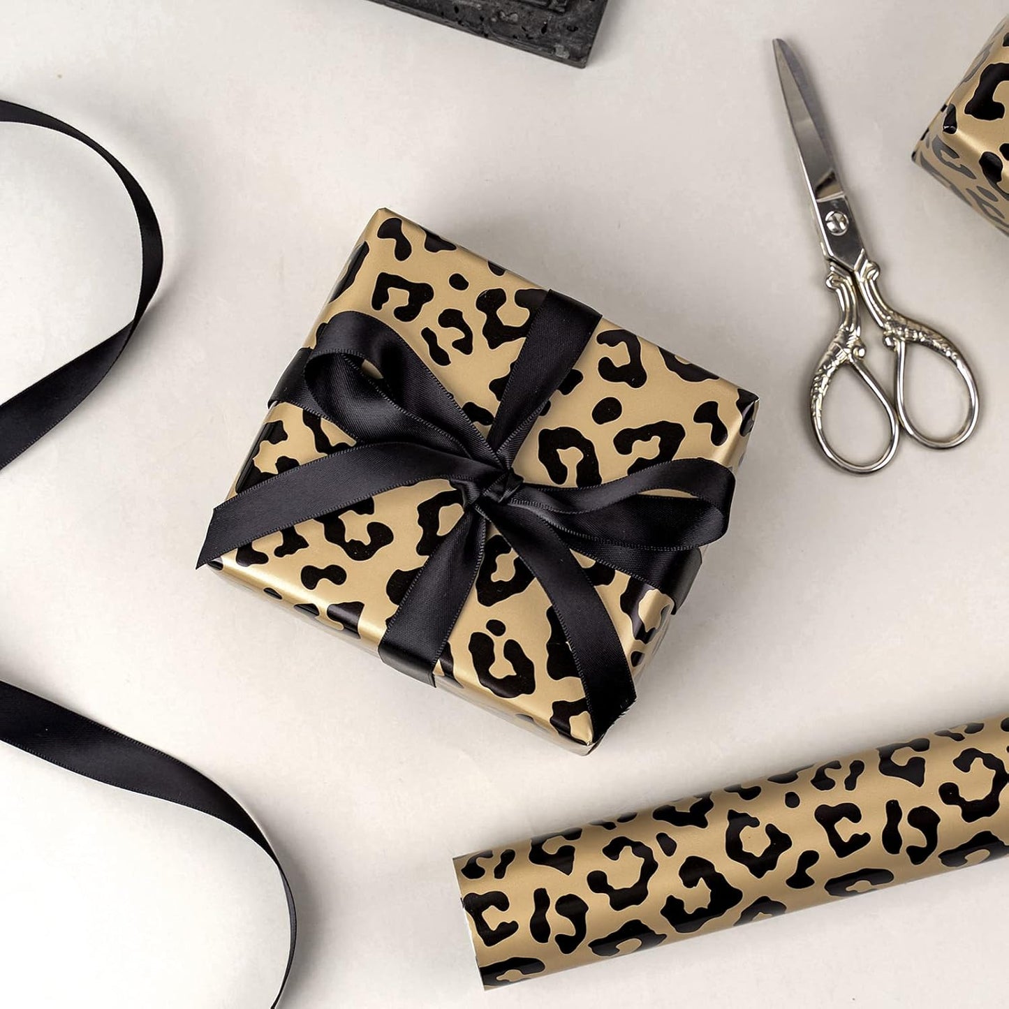 WRAPAHOLIC Reversible Leopard Wrapping Paper - Mini Roll - 17 Inch X 33 Feet - Leopard Print with Metallic Foil Shine and Stripe Design for Birthday, Holiday, Baby Shower