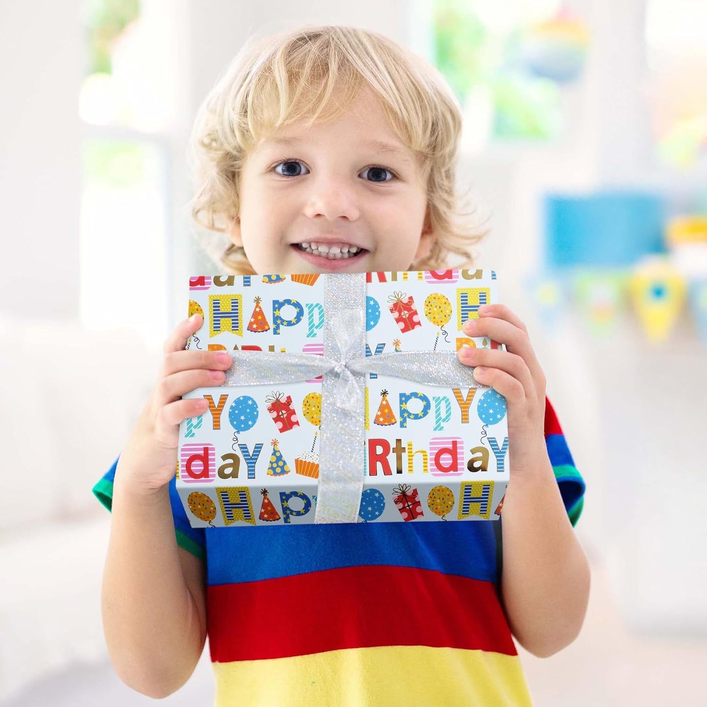 Aimyoo Blue Birthday Wrapping Paper Roll - 17 Inch X 16.4 Feet - Gold Foil Happy Birthday Lettering & Balloon Design Gift Wrap for Kids, Baby Showers