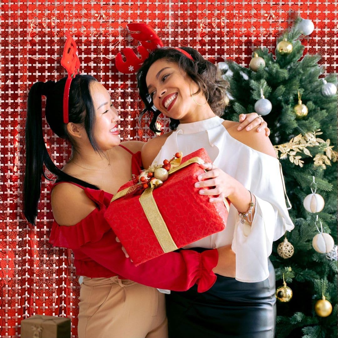 2 Pack Red Square Tinsel Party Backdrop Christmas Decorations Foil Fringe Backdrop Curtains Carnival Casino Theme Birthday New Year Holiday Celebration Bachelorette Party Decorations Supplies