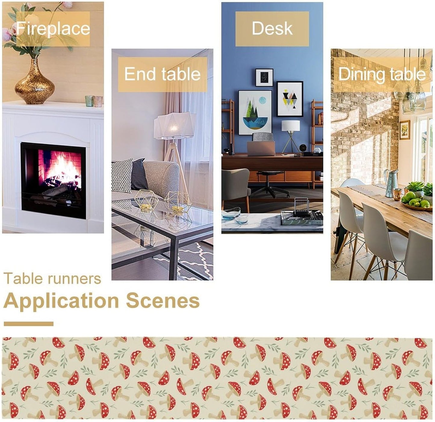 Mushroom Table Runner,Vintage Plant Print Table Runner for Kitchen Dining Table Home Party Decoration 13x36 Inch