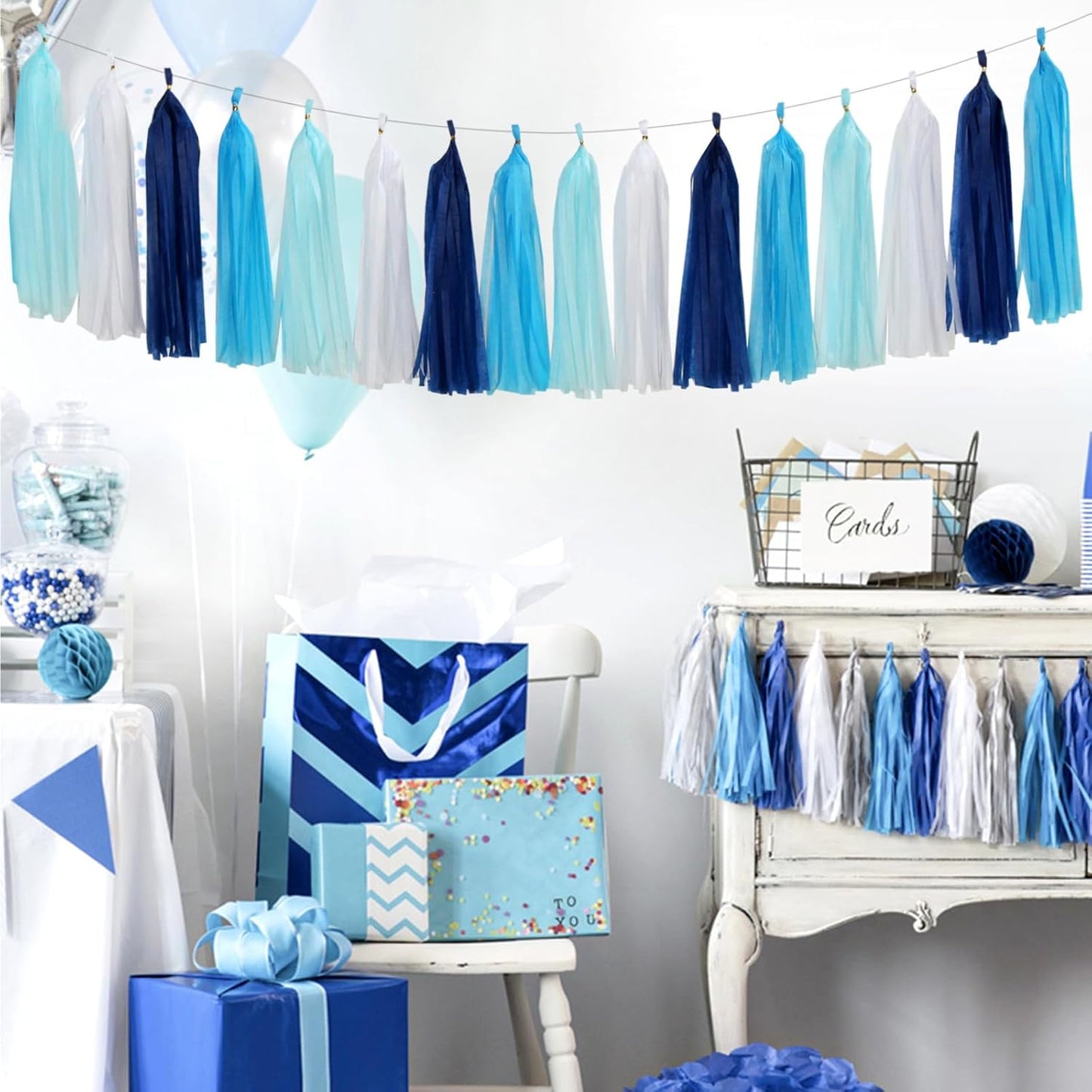 Light Royal Navy-Blue White Party-Decorations - 33pcs Kits Banner, Streamers Tassel Garland,Tissue Pom Poms Honeycomb, Paper Lantern Fans,Birthday Bachelorette Bridal Wedding Baby Shower Decor Hugtmr