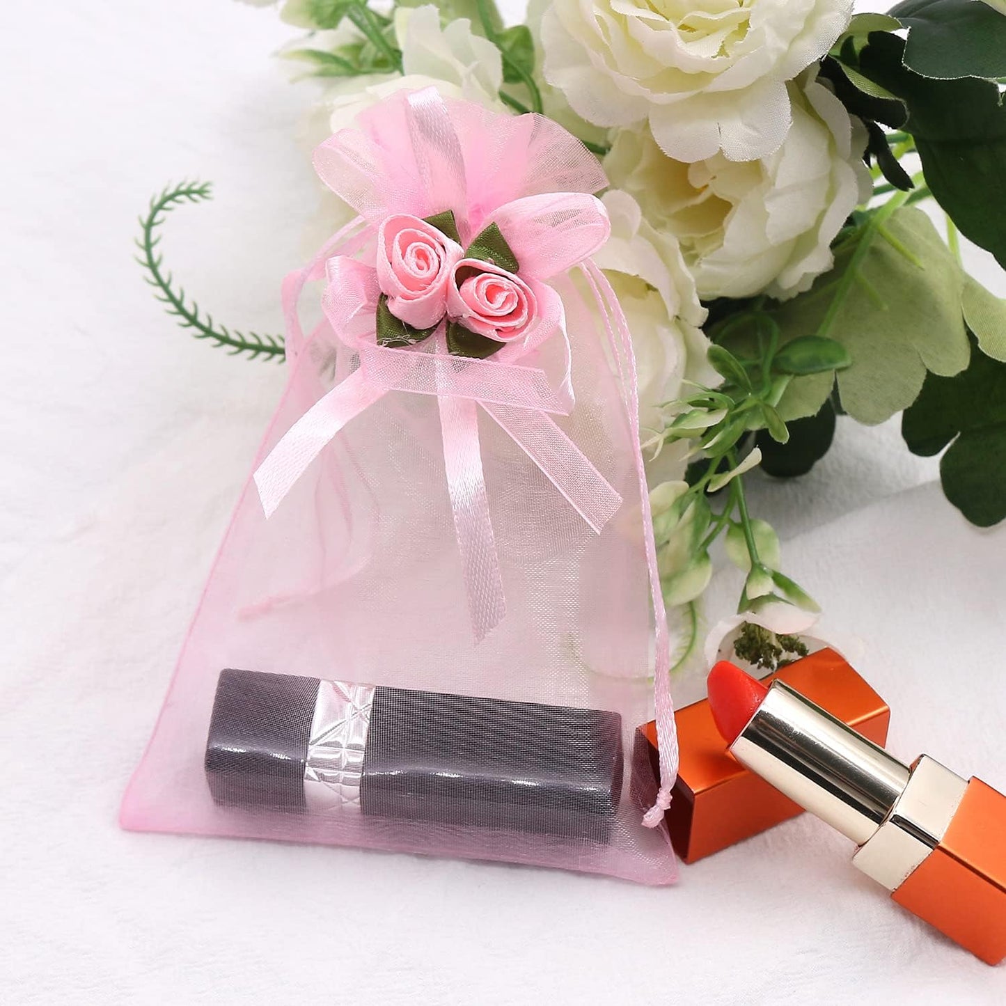 SumDirect Rose Organza Gift Bags - 50Pcs 4x6 inch Pink Wedding Favor Gift Bags, Jewelry Pouches with Drawstring for Party Wedding Christmas Valentine