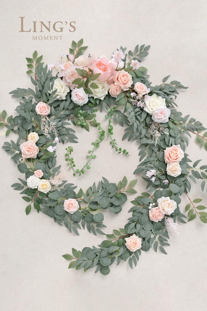 Ling's Moment 9FT Flower Garland for Backdrop Decorations - Wedding Arch Flowers, Eucalyptus & Rose, Artificial Floral Garland for Mantle - Sweetheart Table Decor for Ceremony Reception, French Pink