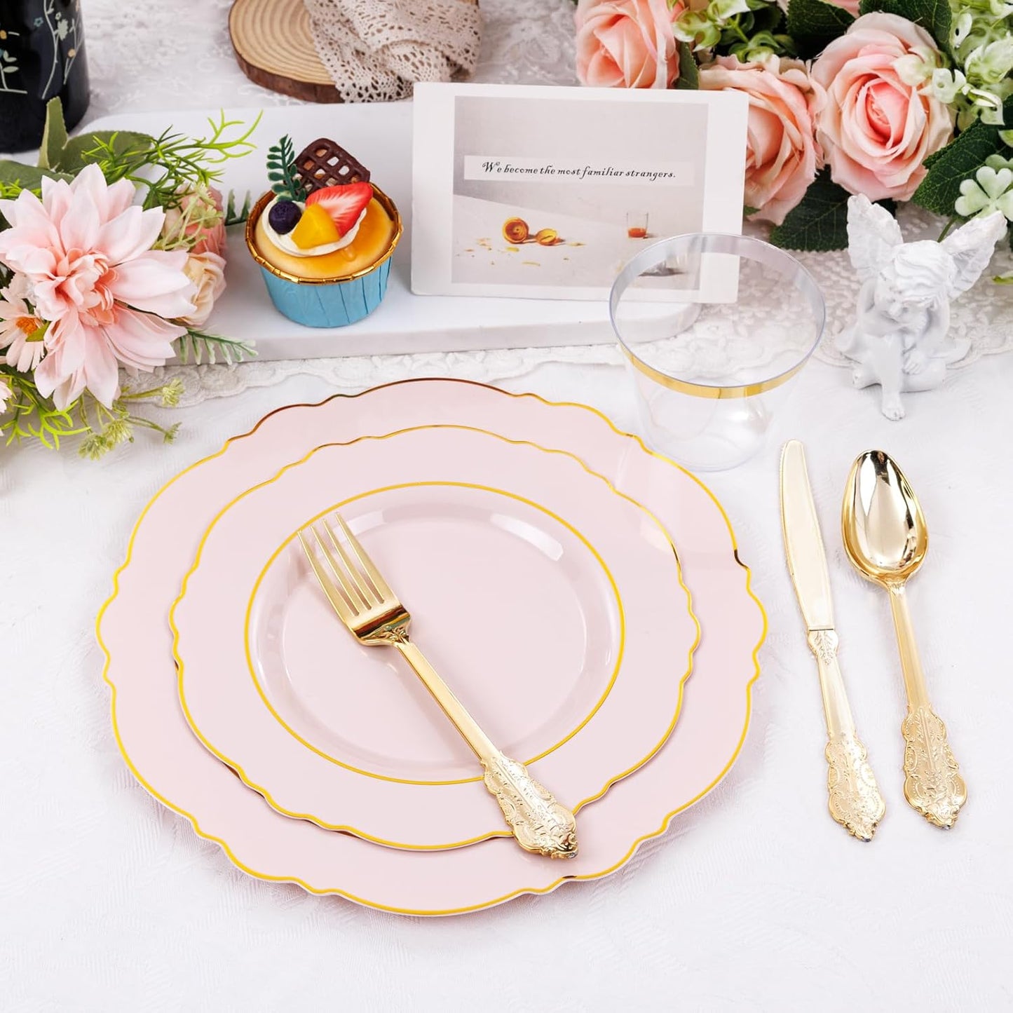 Liacere 350PCS Pink Plates Disposable - Pink and Gold Plates 50guest Baroque Plastic Dinnerware include 100Plates, 50Pack Pre Rolled Napkins with Silverware 50Cups Perfect for Wedding&Mother's Day