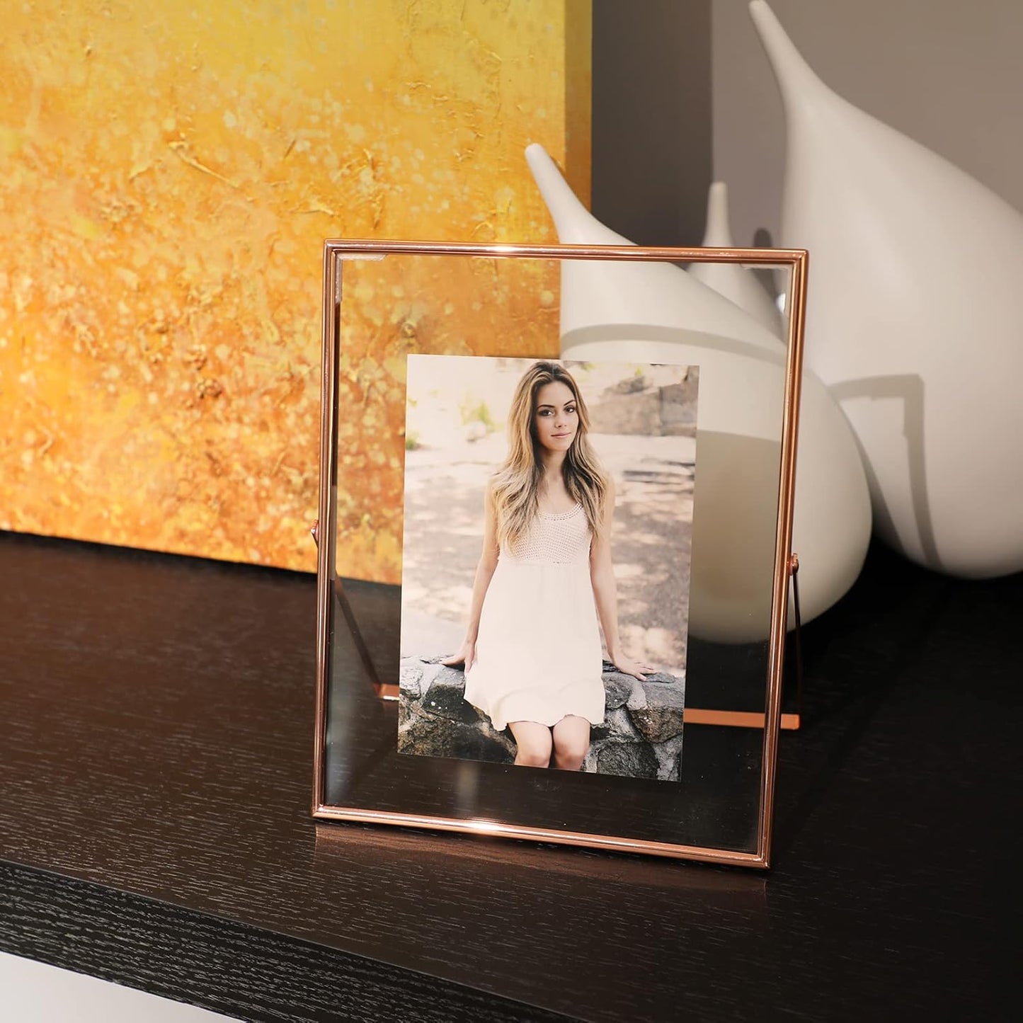 Rose Gold Floating Frame, 8"x10", Vertical, For Picture 7x9, 6x8, 5x7, Tabletop Shelf Photo Frame For Lady or Girl, Classy Gift For Anniversary, Wedding, or Birthday